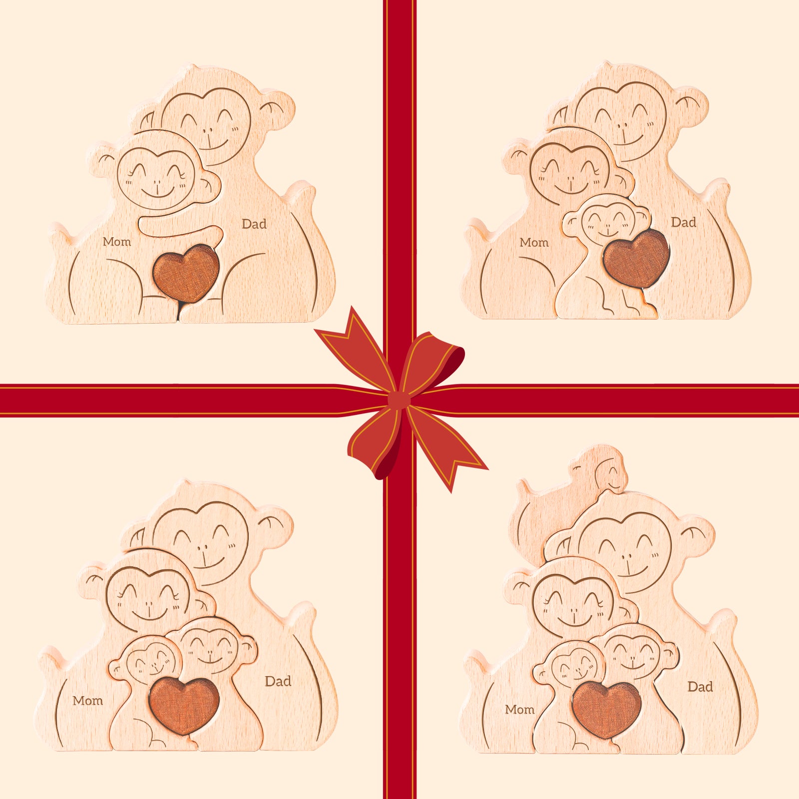 Monkey Family Puzzle: Wooden Decor, Unique Gift for Family Love