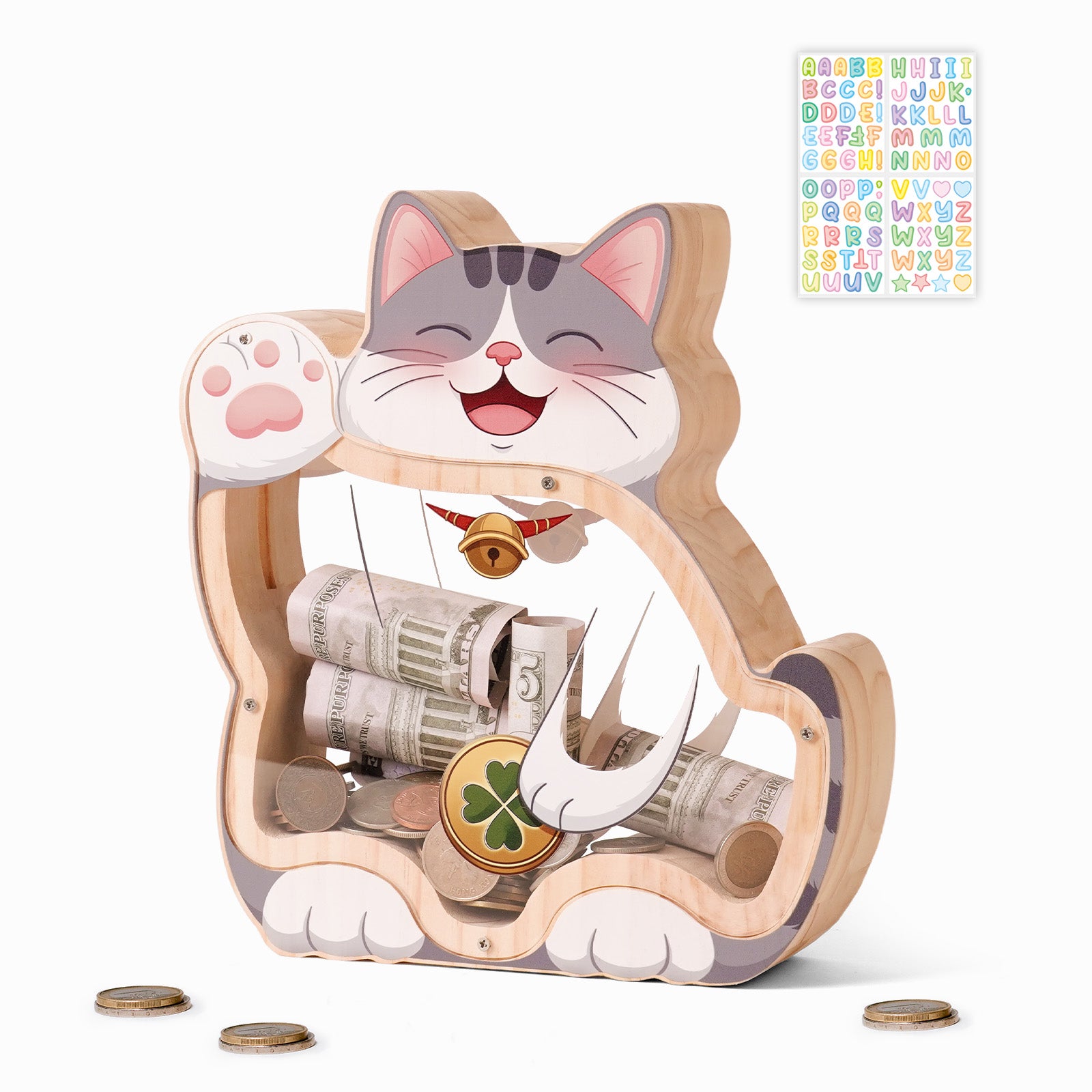 Cat Piggy Bank - Adorable Dual-View Money Box with Personalization Stickers