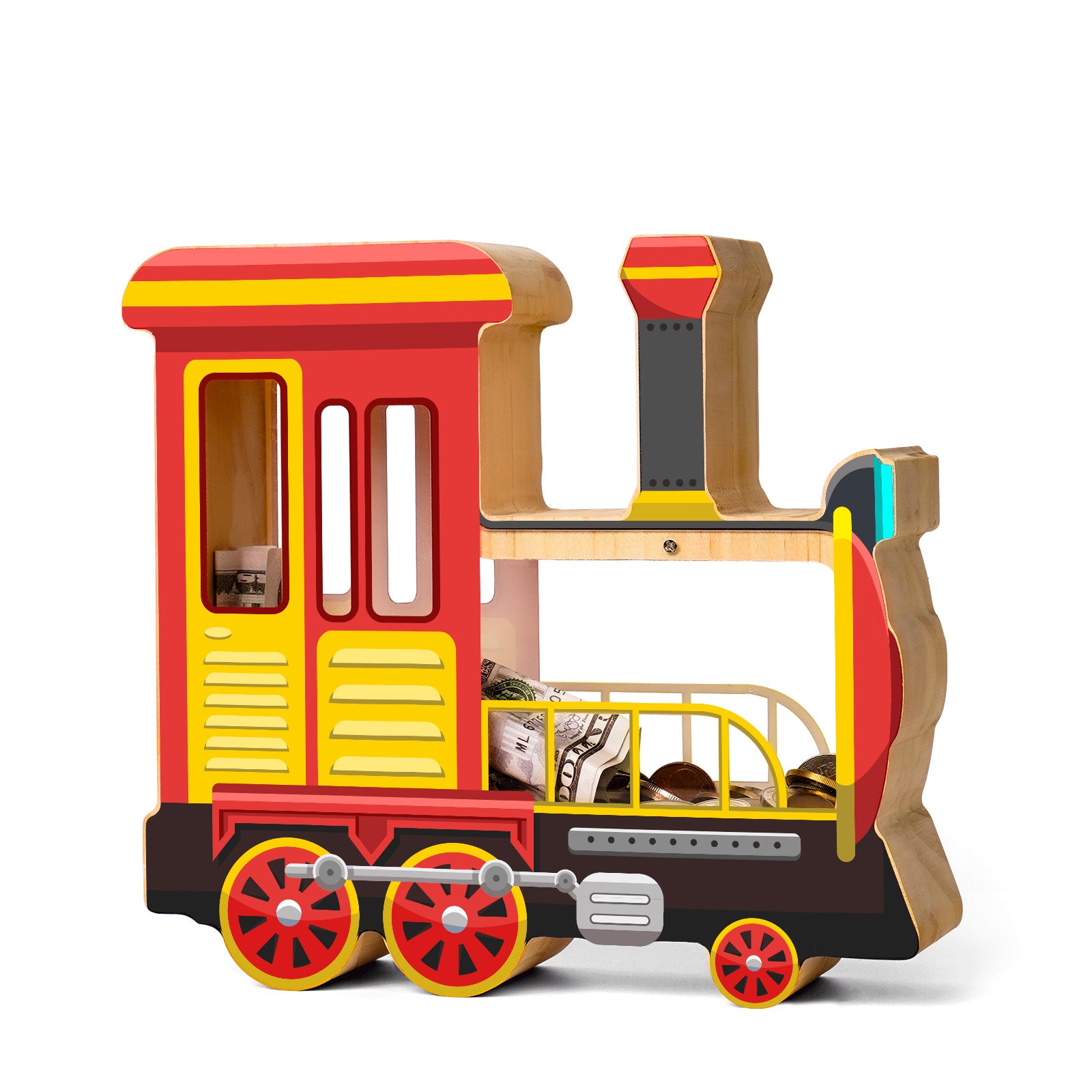 Wooden Locomotive Piggy Bank for Kids, Train Money Box with Acrylic Panels
