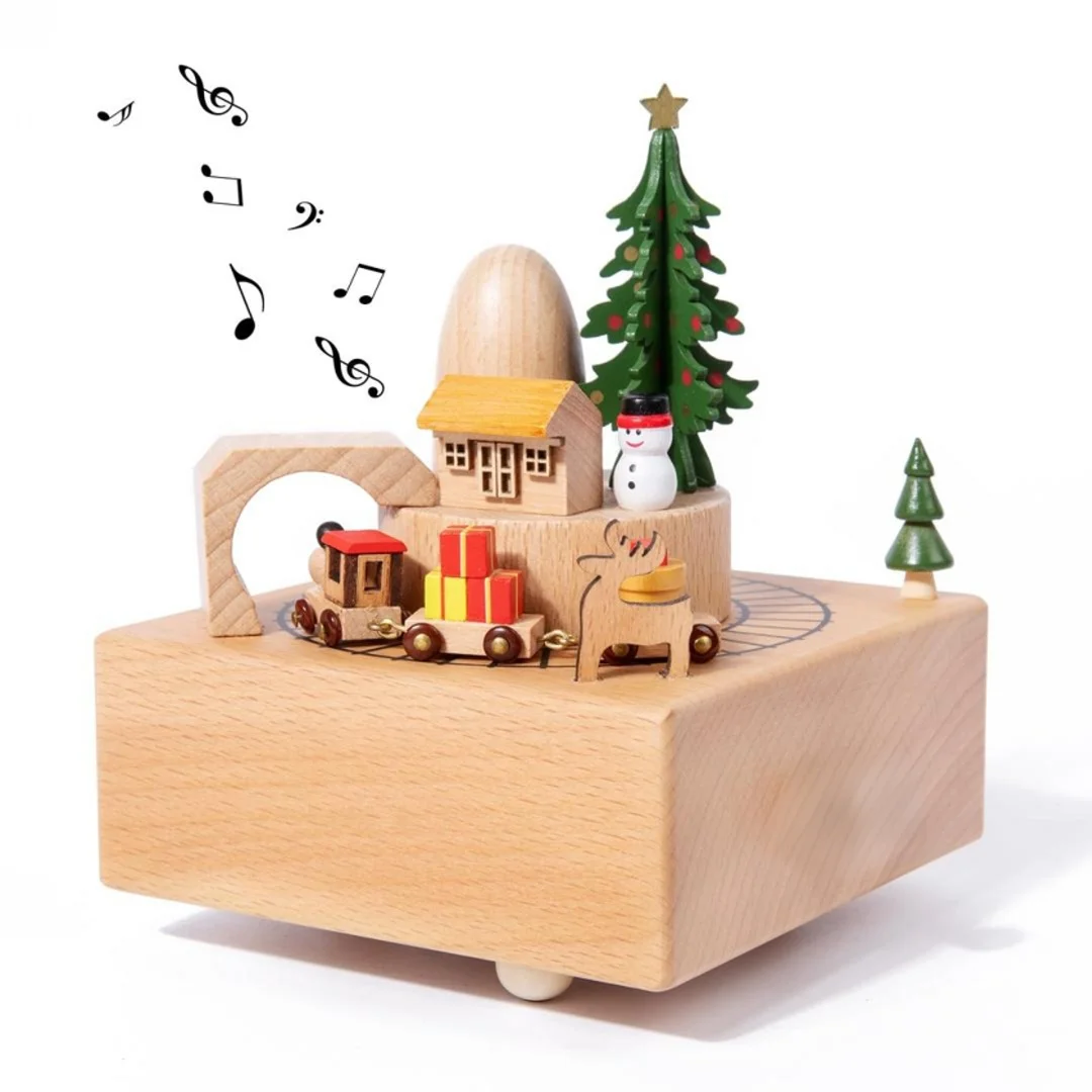 Wooden Christmas Music Box - Enchanting Rotating Train & Holiday Decor