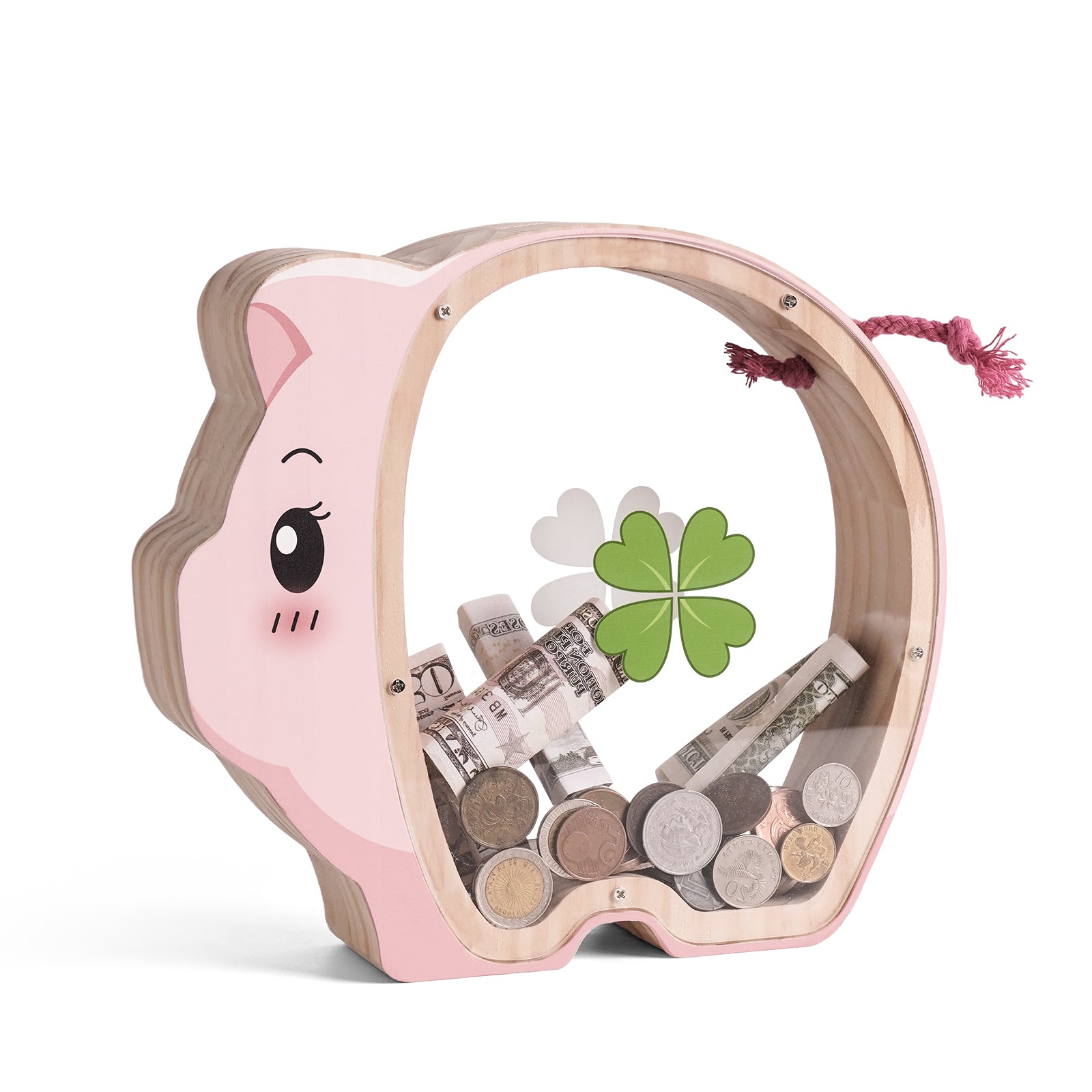 Wooden Piggy Bank - Classic Money Keeper with Modern Transparent Design