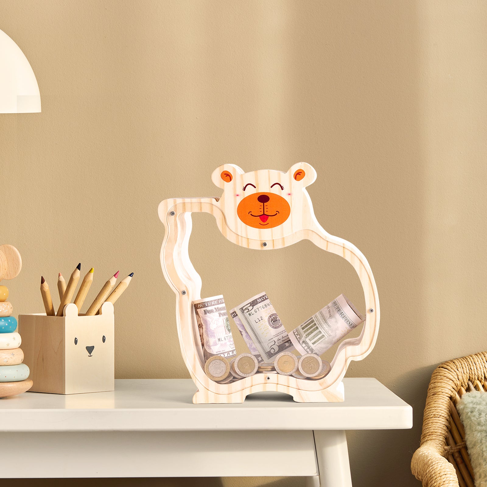 Wooden Bear Coin Bank - Adorable Animal-Shaped Money Box with Transparent Panel