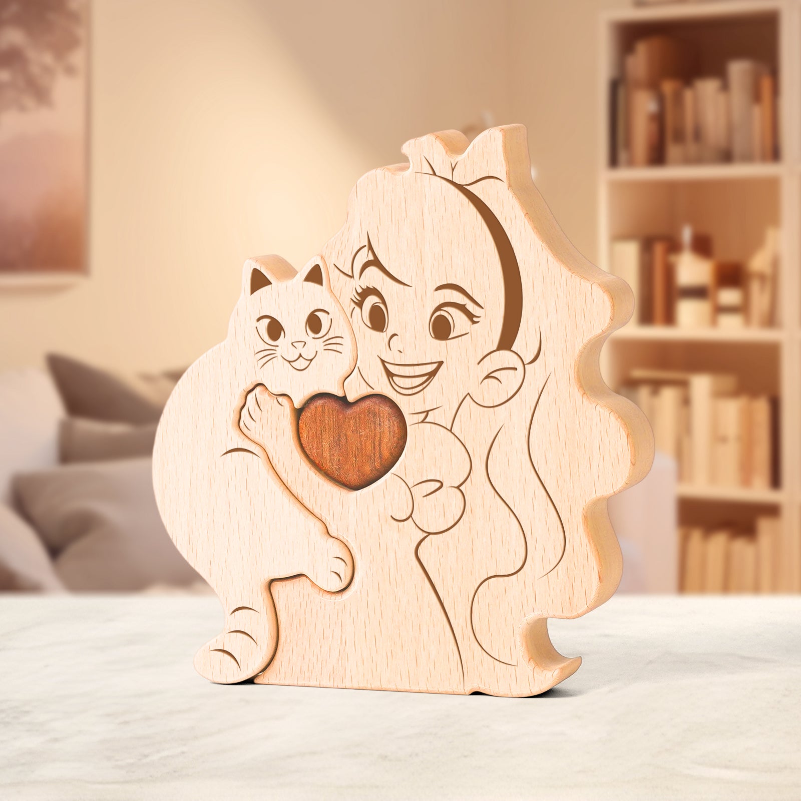 Wooden puzzle of boys/girls and cats, home craft decoration, warm gift