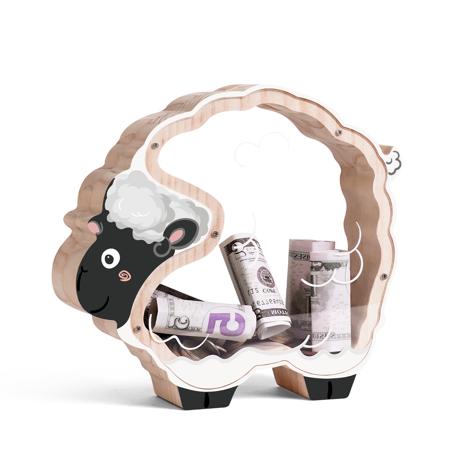 Double-Sided Clear Sheep Wooden Coin Bank – Cute & Educational Gift for Kids and Families
