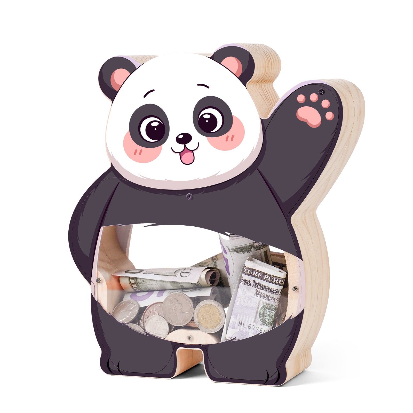 Cute Panda Wooden Transparent Piggy Bank