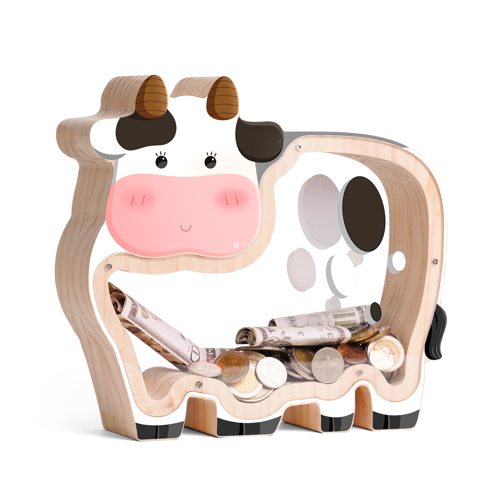 Wooden Cow Piggy Bank - Adorable Barnyard Money Keeper with Transparent Panels