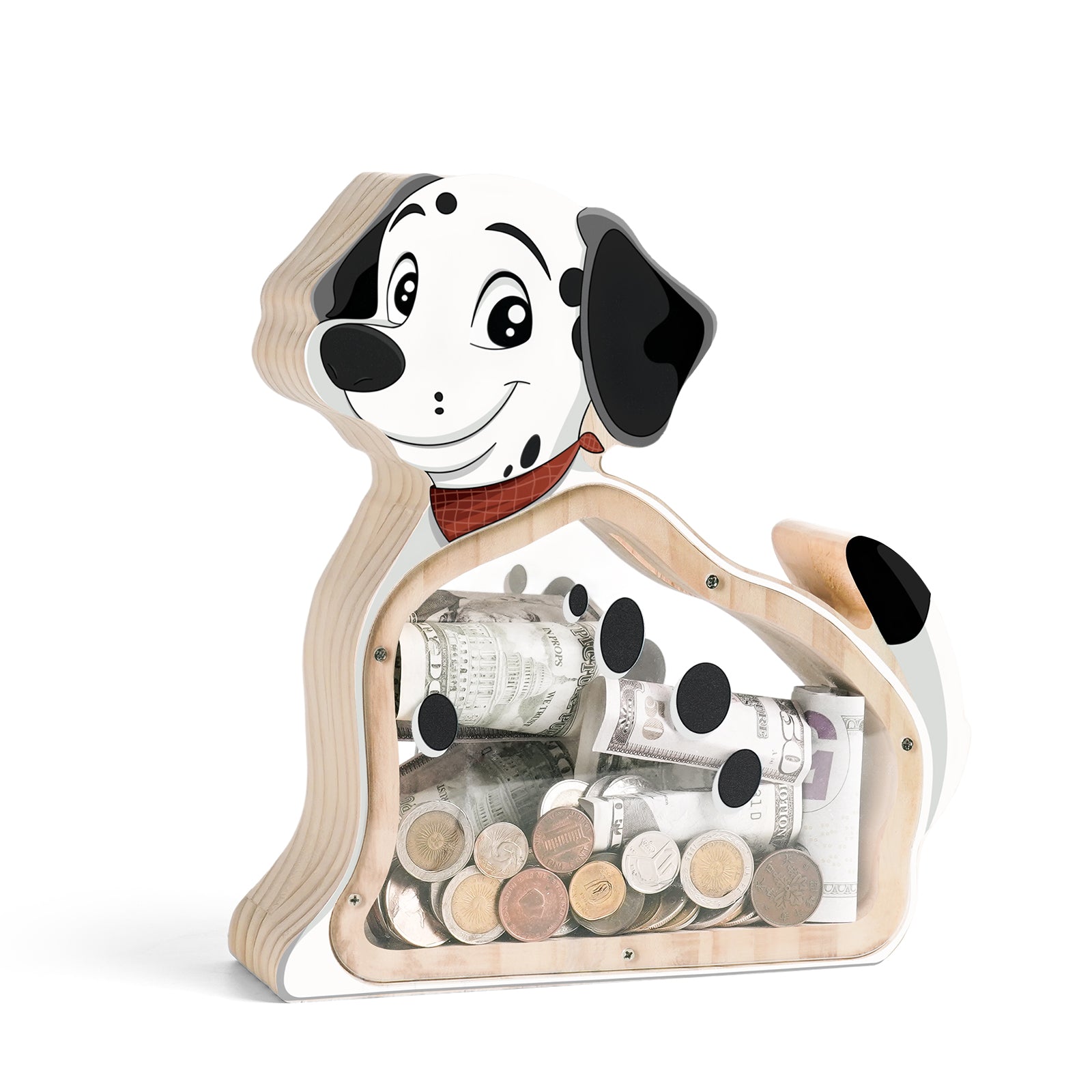 Wooden Dog Piggy Bank - Spotted Savings Fun with Personalization Stickers