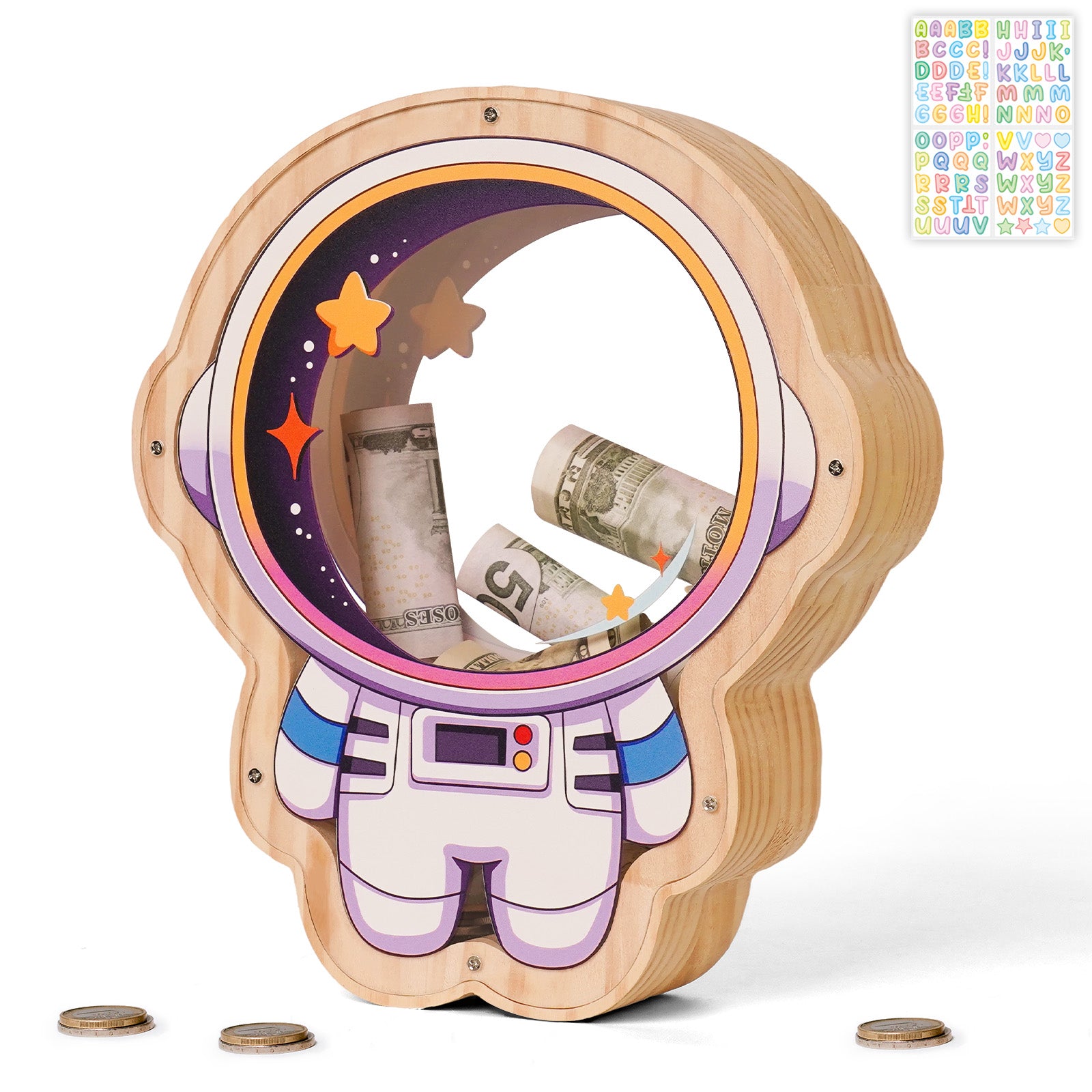 Wooden Astronaut Piggy Bank for Kids – Transparent Acrylic Money Box, Real Wood Space-Themed Coin Bank Gift