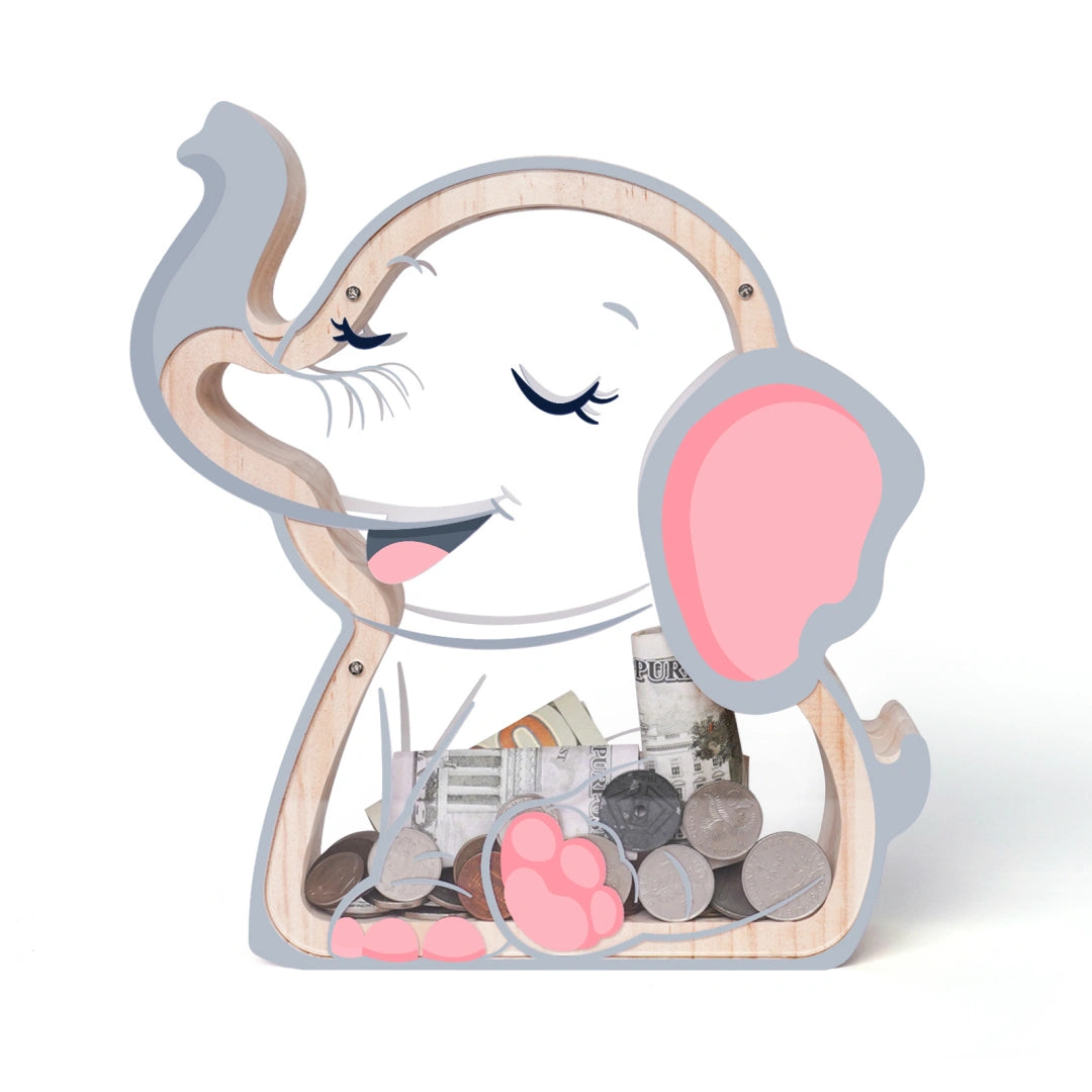 Wooden Elephant Piggy Bank for Kids, Unbreakable Money Box for Boys Girls, Toddler Money Bank with Letter Stickers, Christmas Birthday Gift, Educational Toy Money Jar