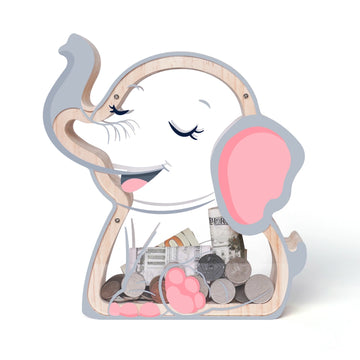 Wooden Elephant Piggy Bank for Kids, Unbreakable Money Box for Boys Girls, Toddler Money Bank with Letter Stickers, Christmas Birthday Gift, Educational Toy Money Jar