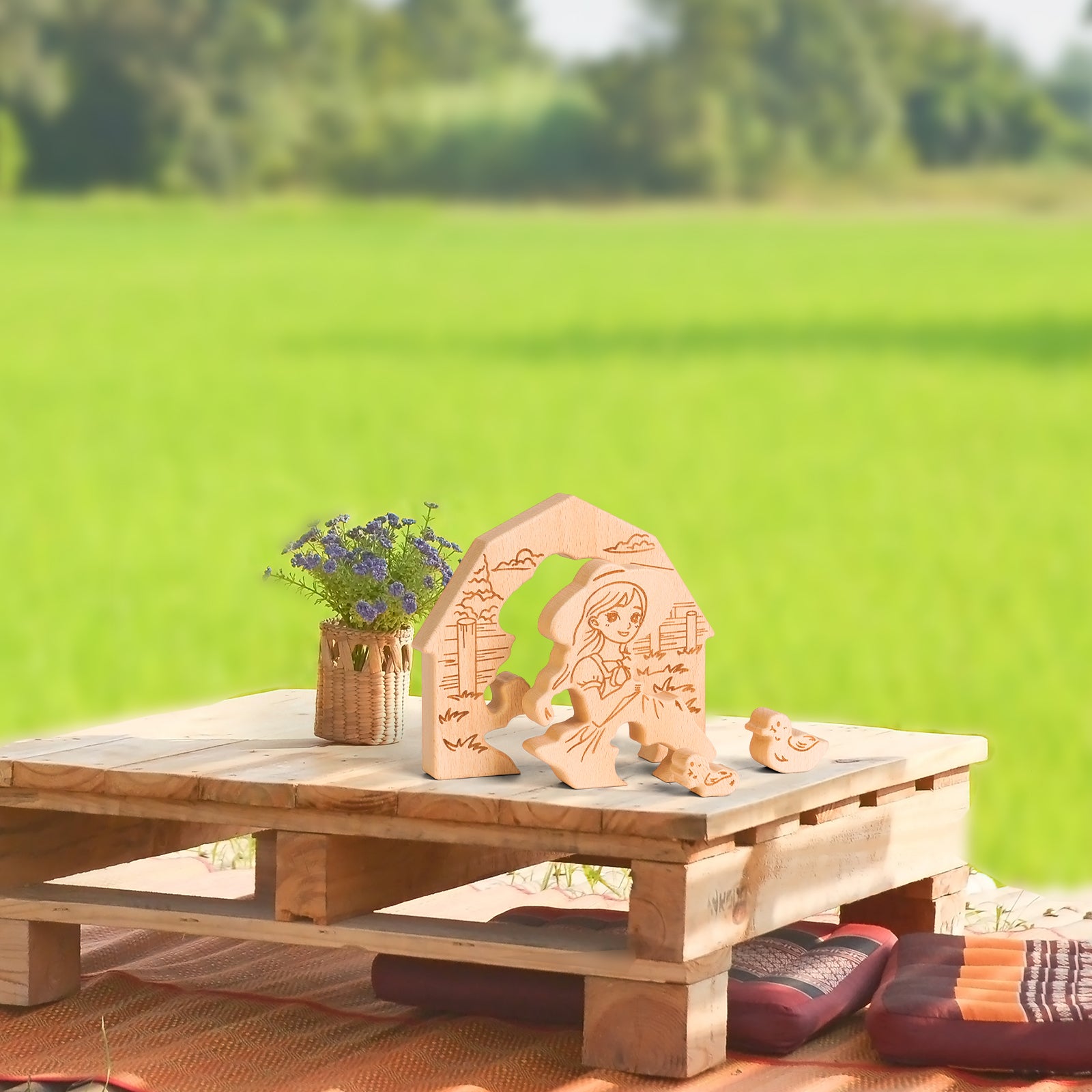 Rustic Wooden Figurine – Girl with Ducks Farmhouse Decor, Handcrafted Hug Keepsake for Home & Gifts