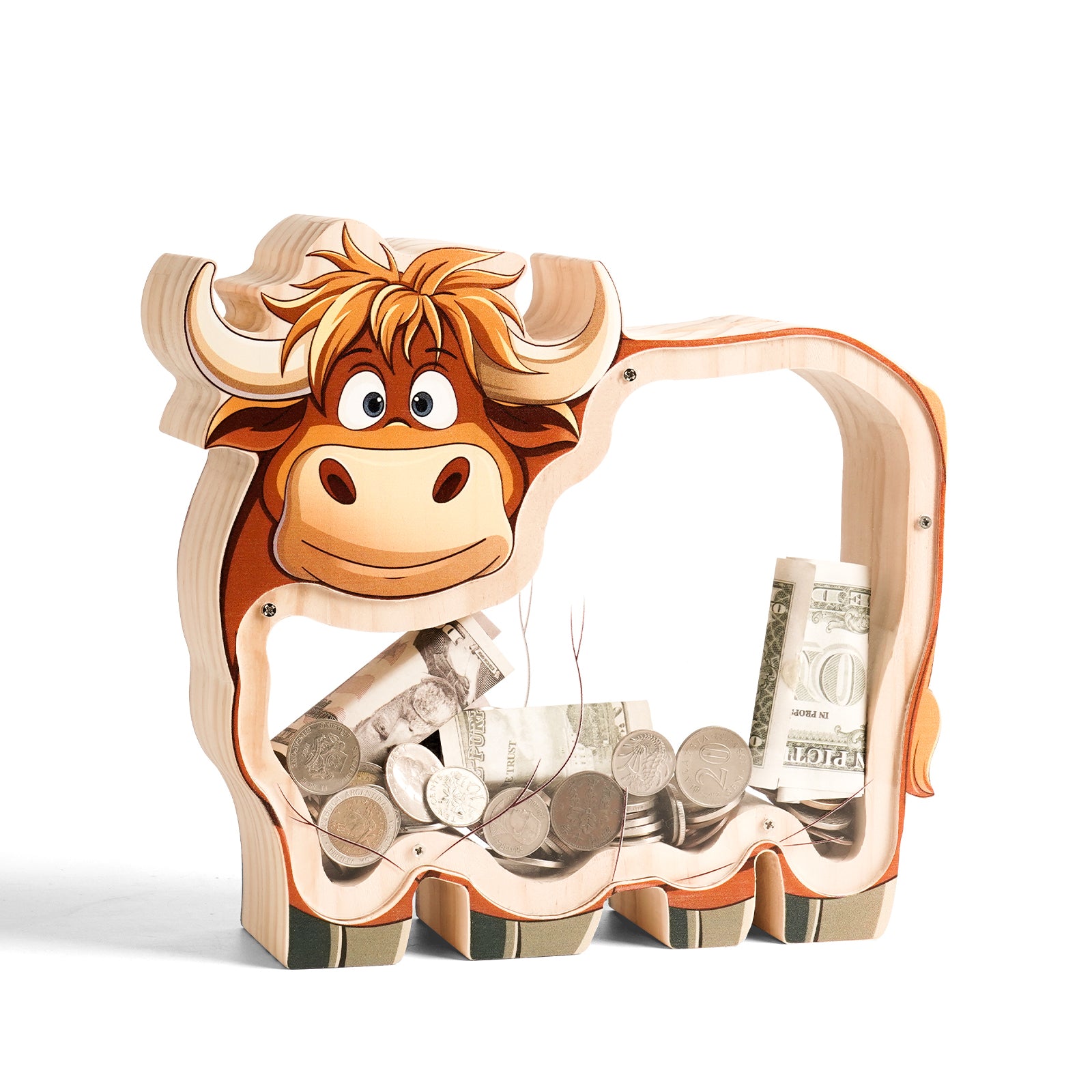 Wooden Cow Piggy Bank - Adorable Barnyard Money Keeper with Transparent Panels