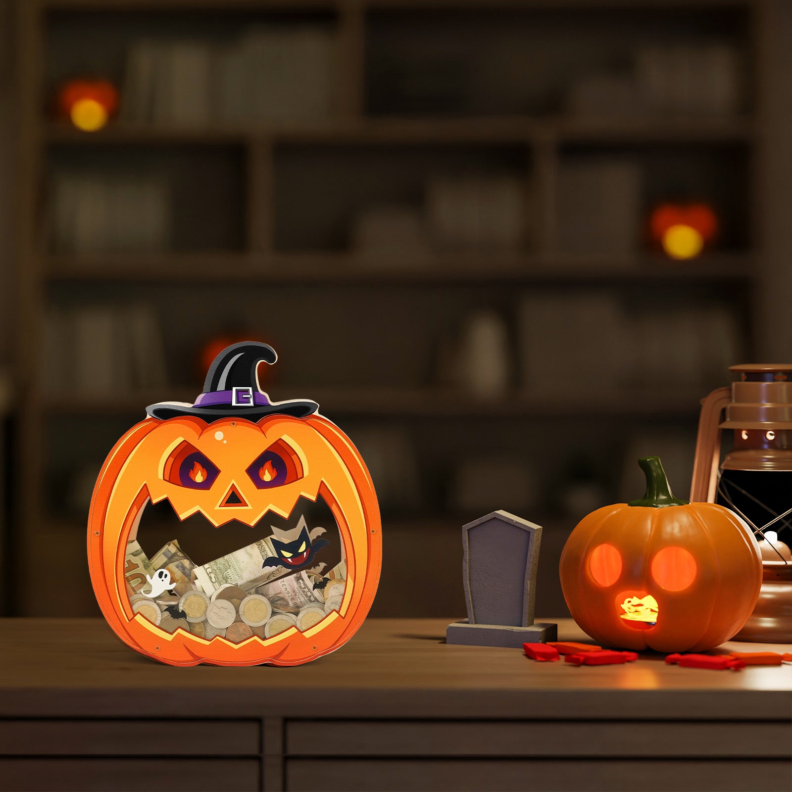 Halloween Pumpkin Transparent Coin Bank – Cute Jack-o'-Lantern Money Saver for Kids & Holiday Decor