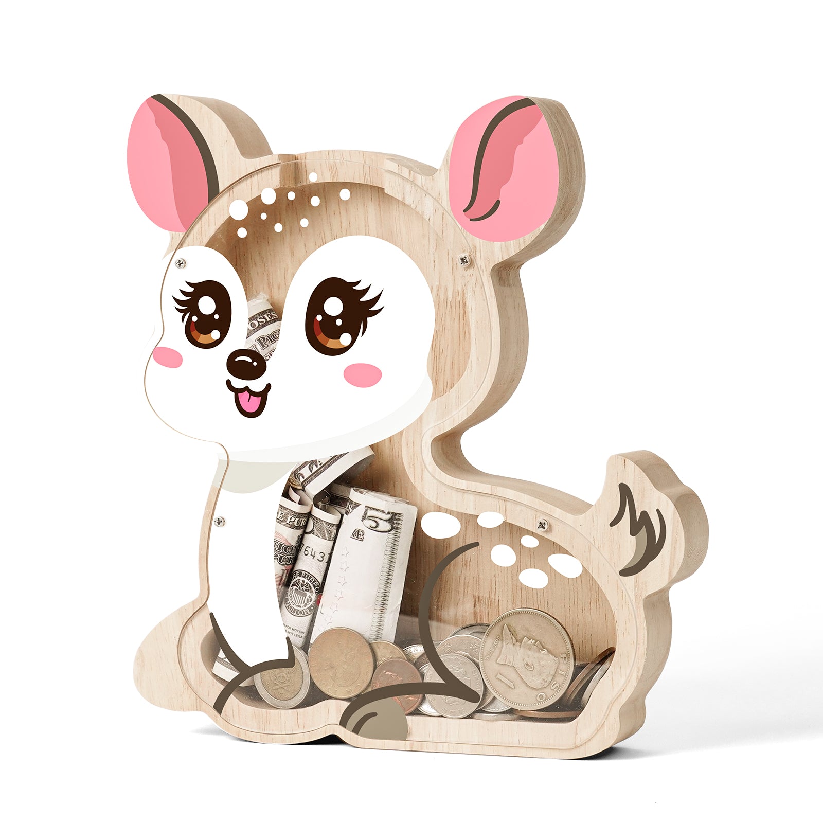 Wooden Deer Coin Bank with Clear Front – Cute Single-Sided Piggy Bank for Kids & Families