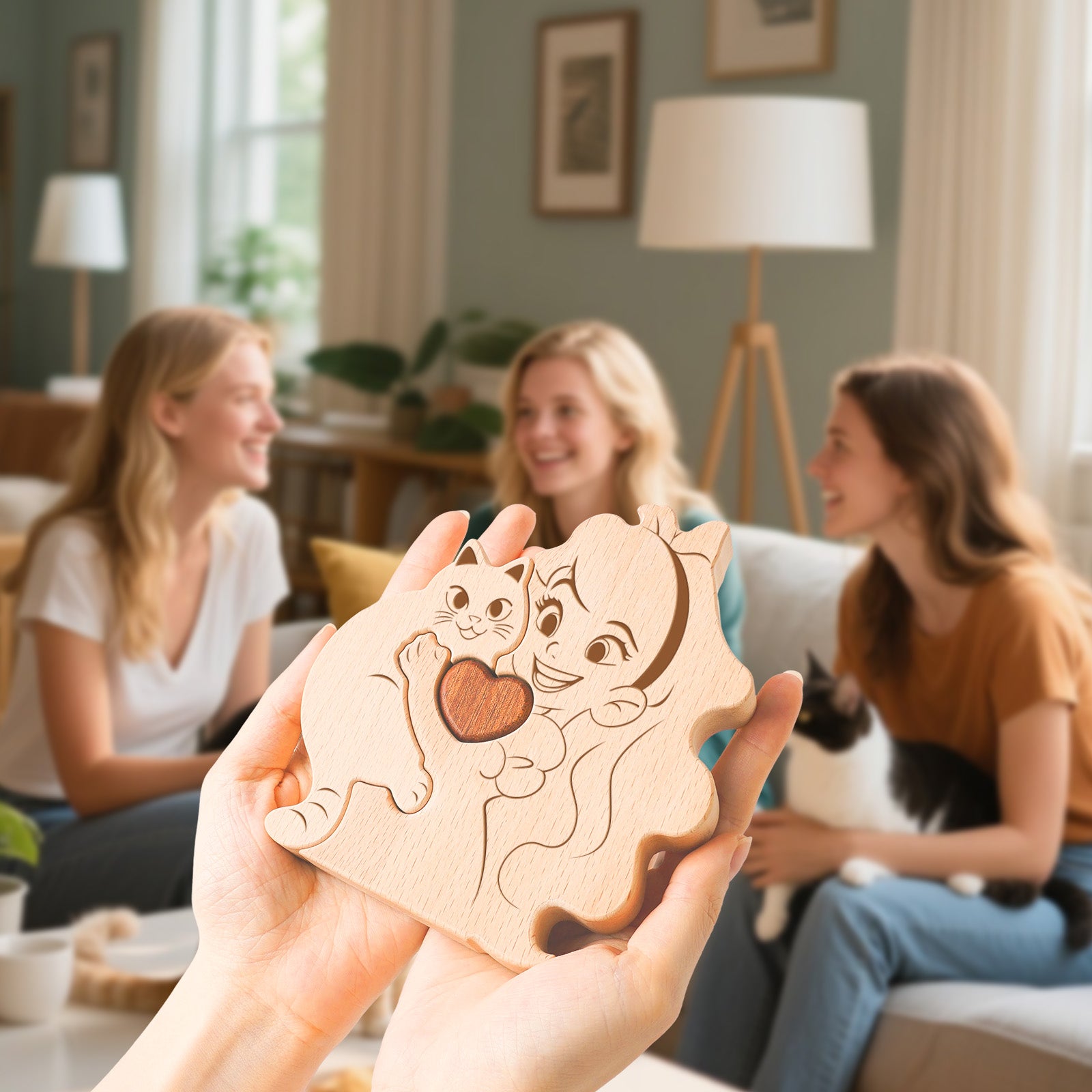 Wooden puzzle of boys/girls and cats, home craft decoration, warm gift