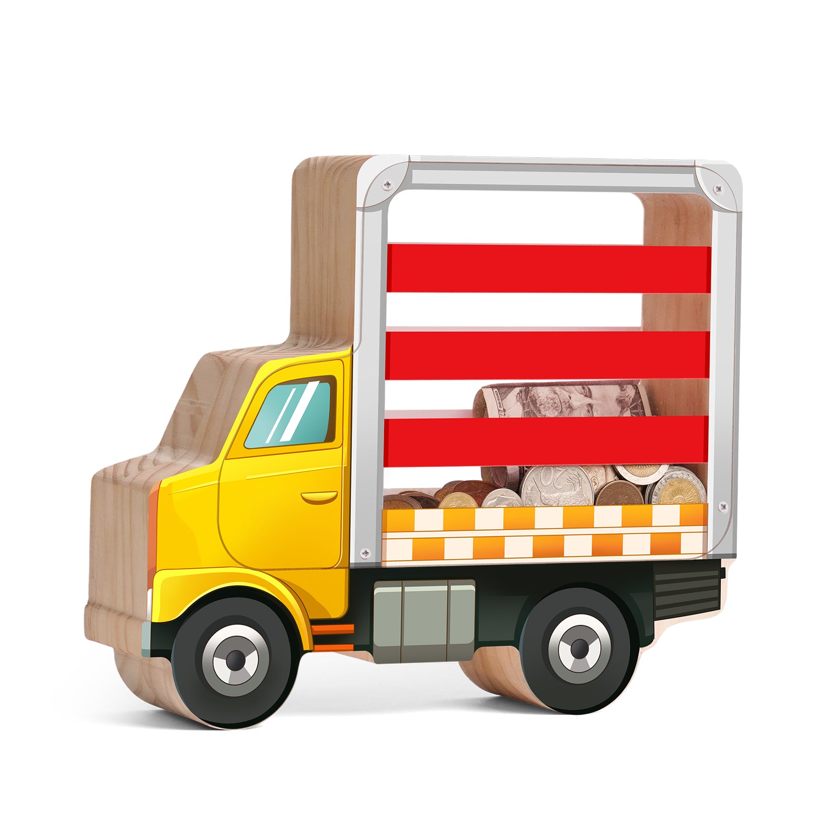 Wooden Truck Coin Bank with Double Transparent Sides – Fun & Durable Piggy Bank for Kids
