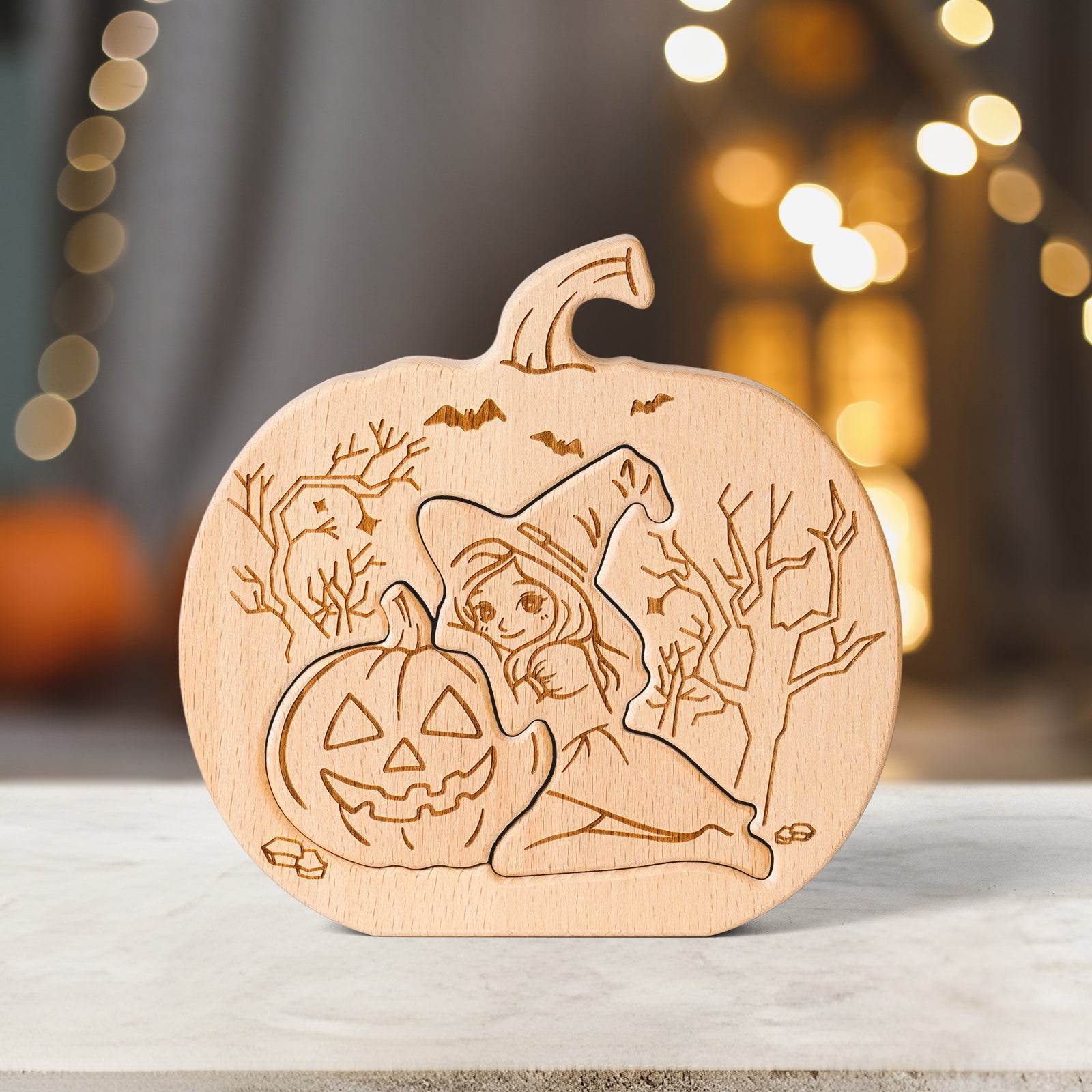 Wooden Halloween Pumpkin Puzzle – Witch & Jack-O'-Lantern Decorative Ornament for Kids & Adults, Fall Home Décor, Unique Gift Idea