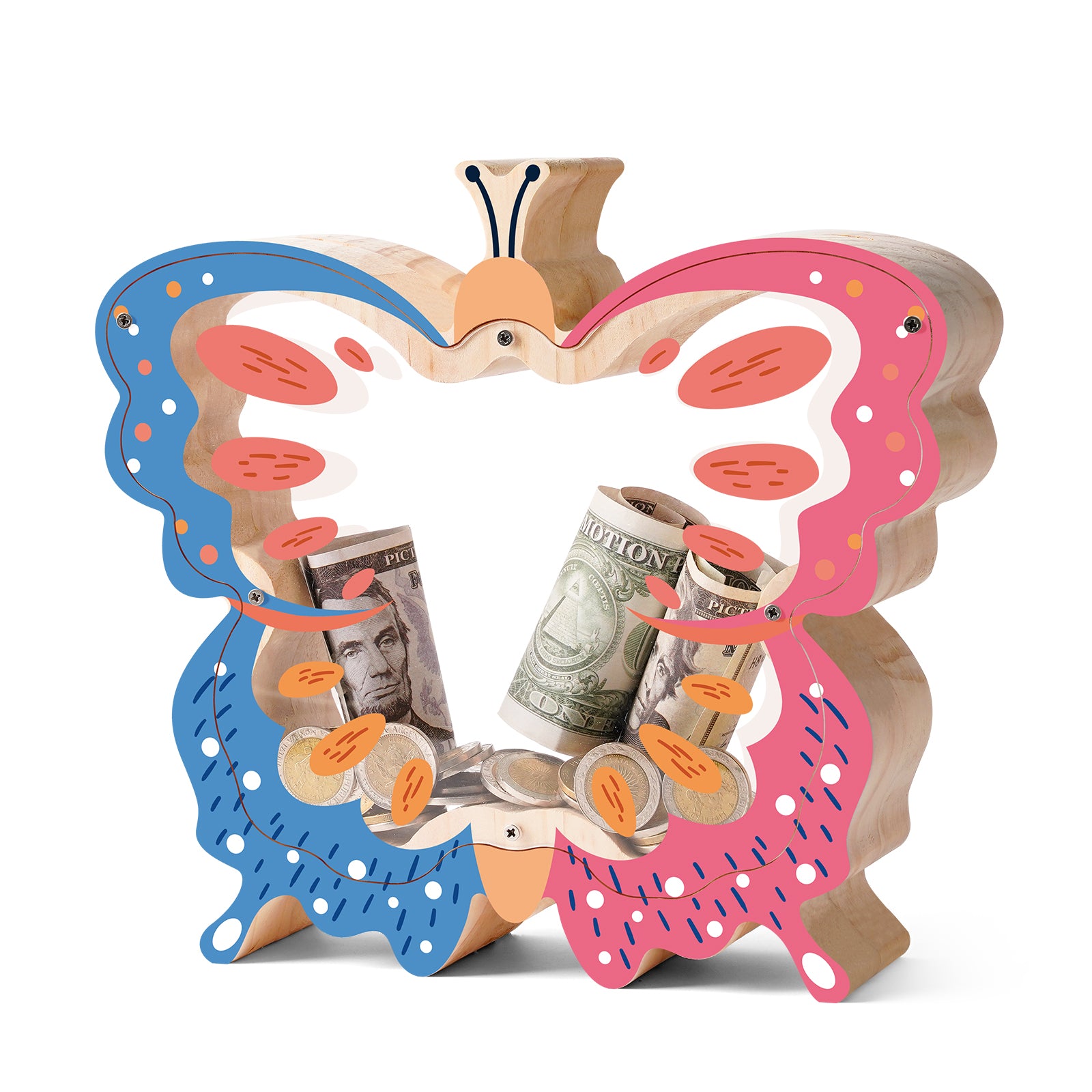 Butterfly Transparent Wooden Coin Bank – Double-Sided Acrylic Design, Whimsical Gift for Kids & Families