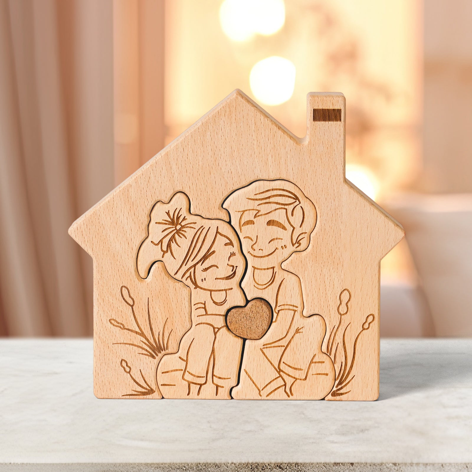 "Home is Where the Heart Is" Wooden Couple Statue - Romantic Home Decor & Gift