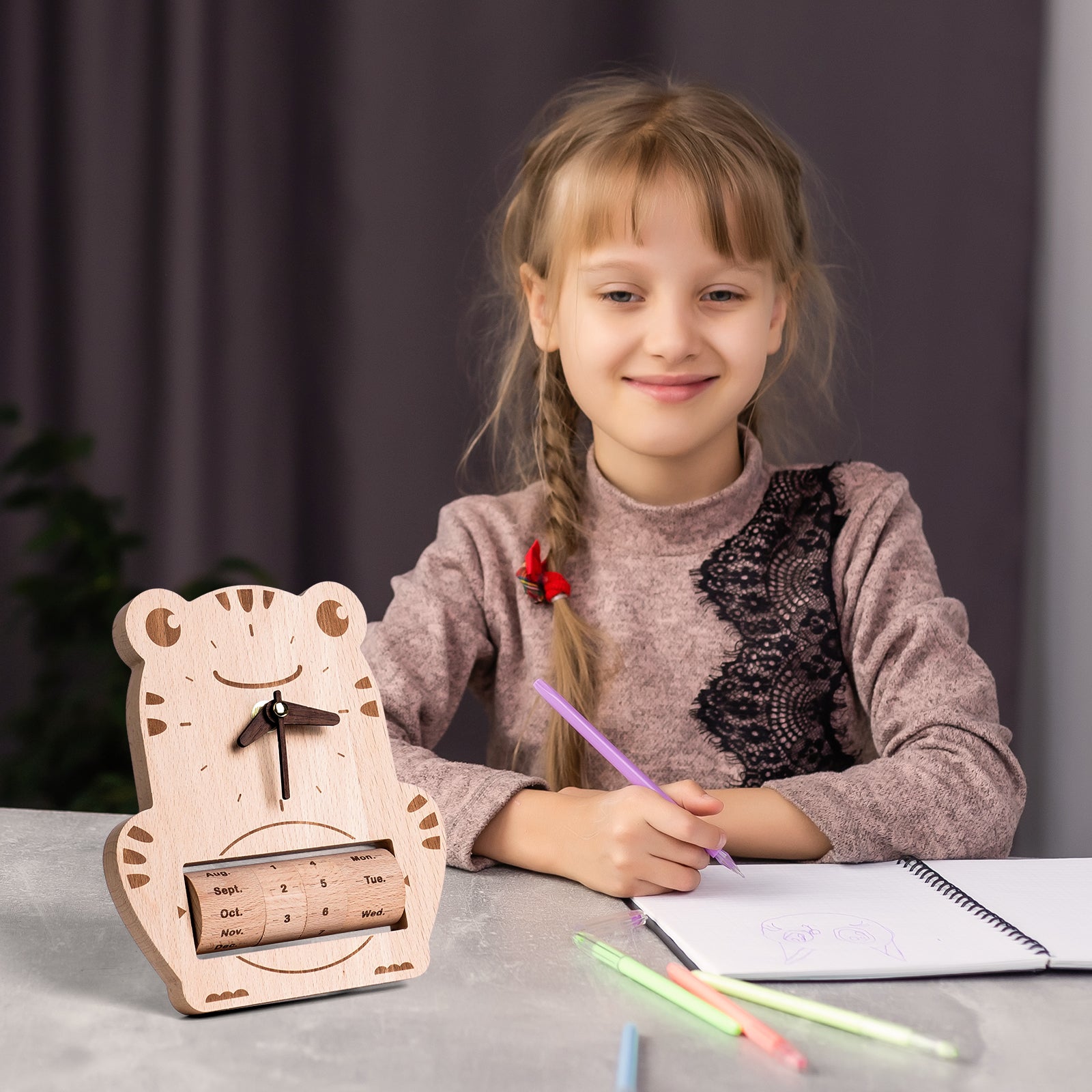 Wooden Frog Calendar Clock - Whimsical Timekeeper & Desk Decor