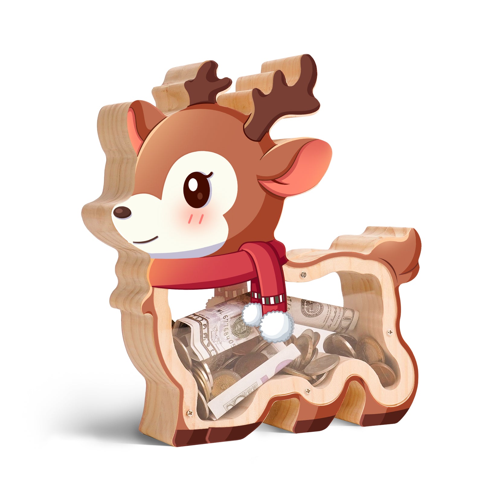 Wooden Reindeer Piggy Bank for Kids, Christmas Deer Money Bank for Boys Girls Toddler, Unbreakable Kids Money Box with Letter Sticker, Large Saving Coin Jar for Xmas Home Holiday Décor