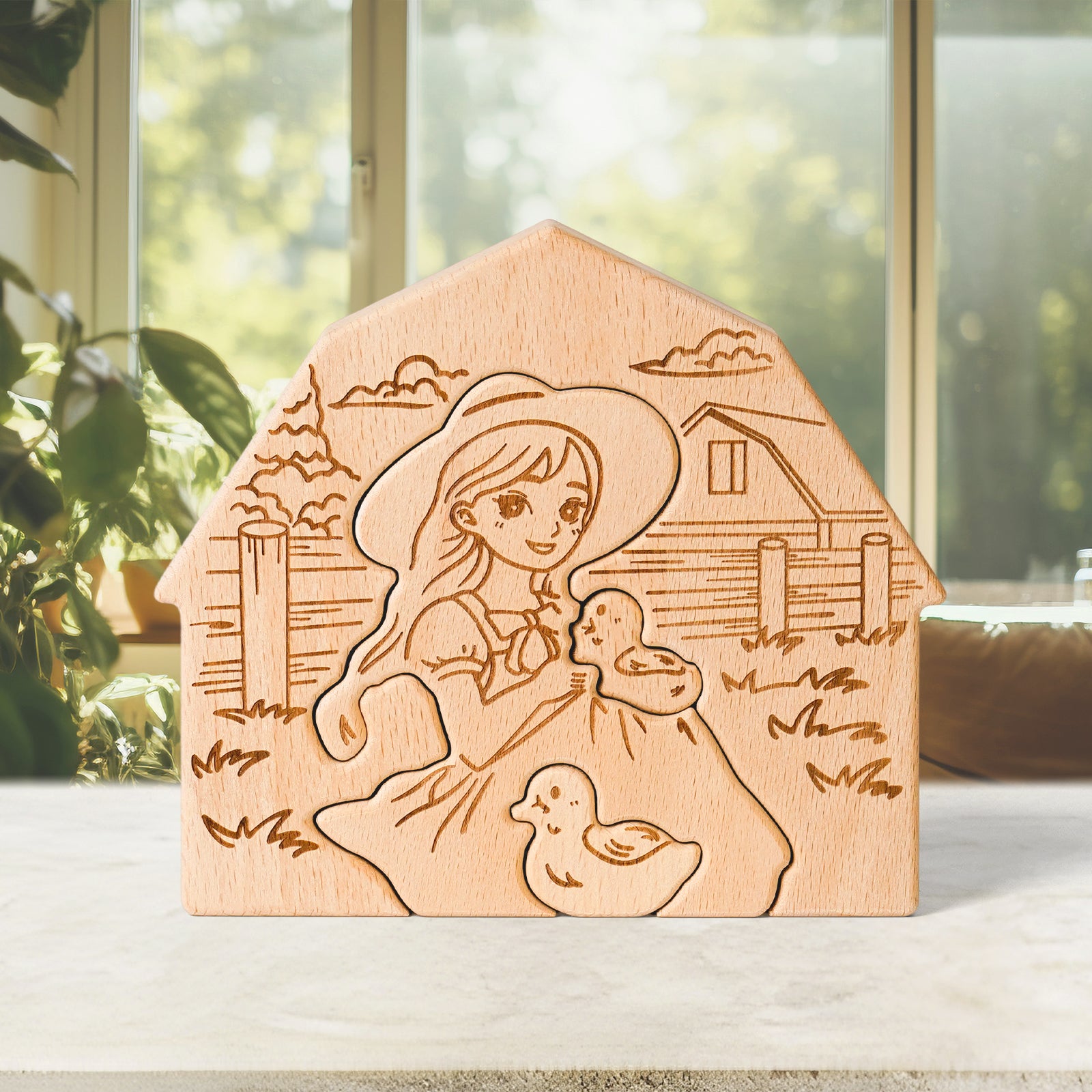 Rustic Wooden Figurine – Girl with Ducks Farmhouse Decor, Handcrafted Hug Keepsake for Home & Gifts