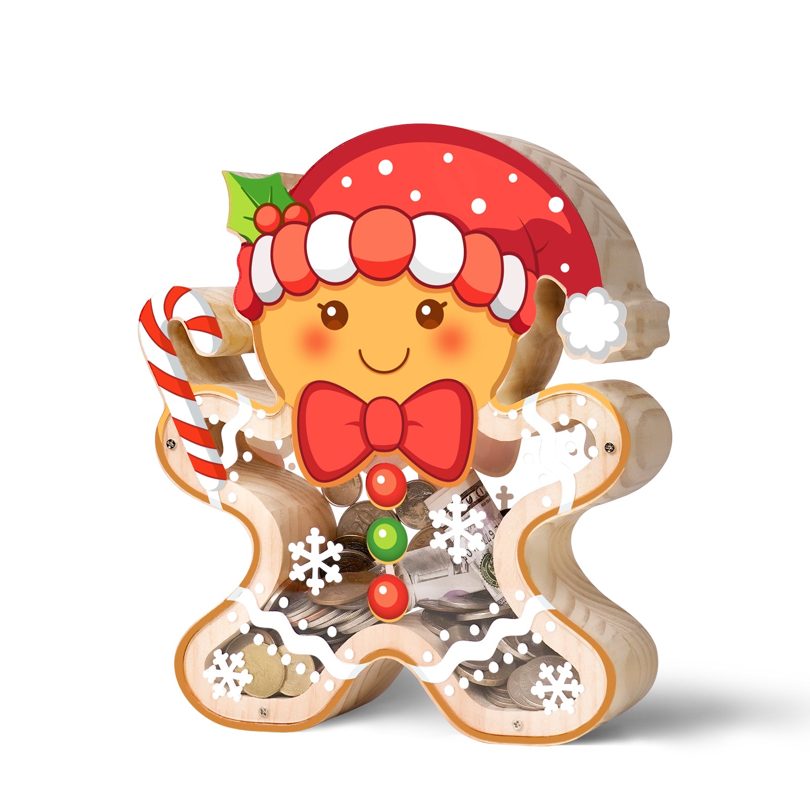 Wooden Christmas Piggy Bank for Kids, Gingerbread Man Money Bank