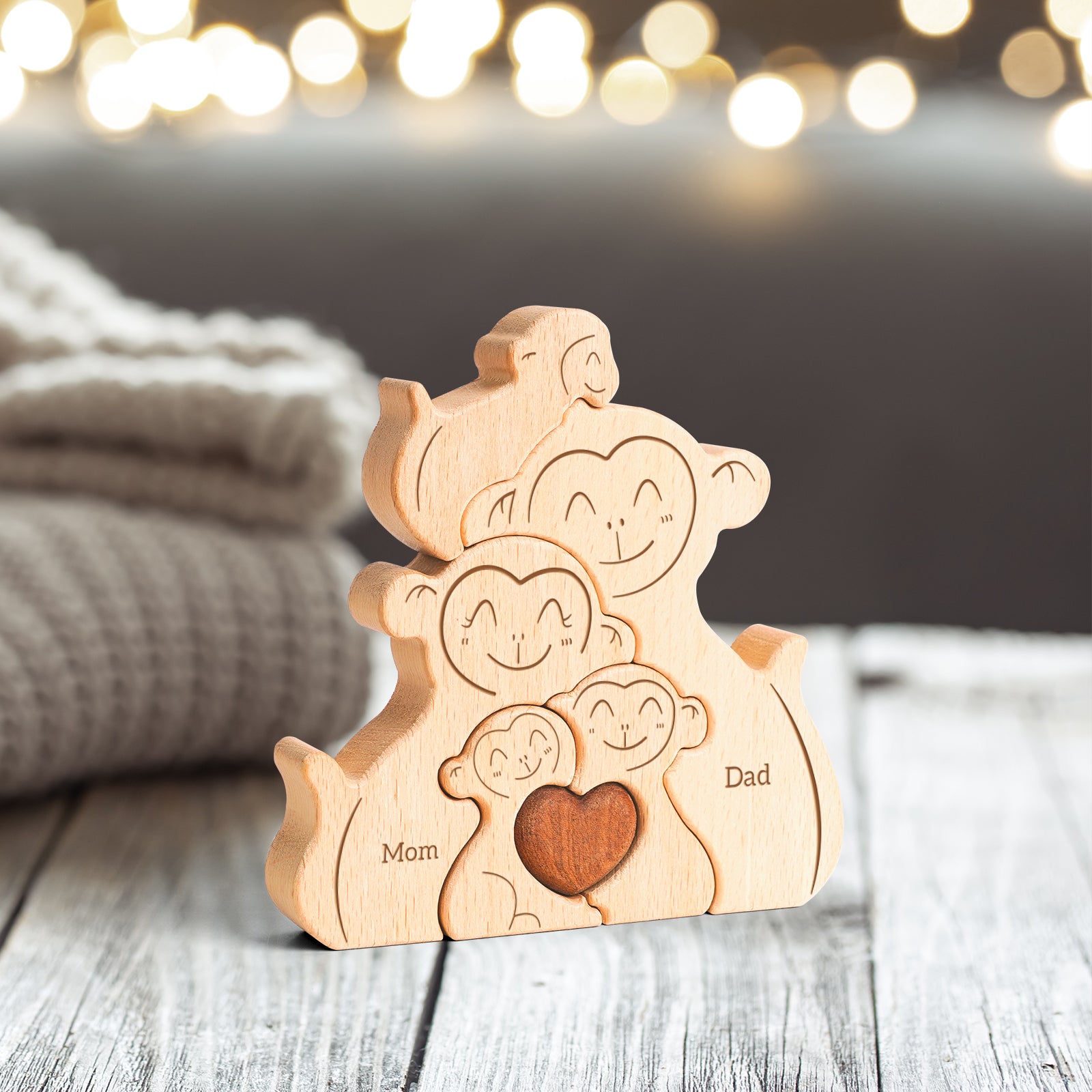 Monkey Family Puzzle: Wooden Decor, Unique Gift for Family Love