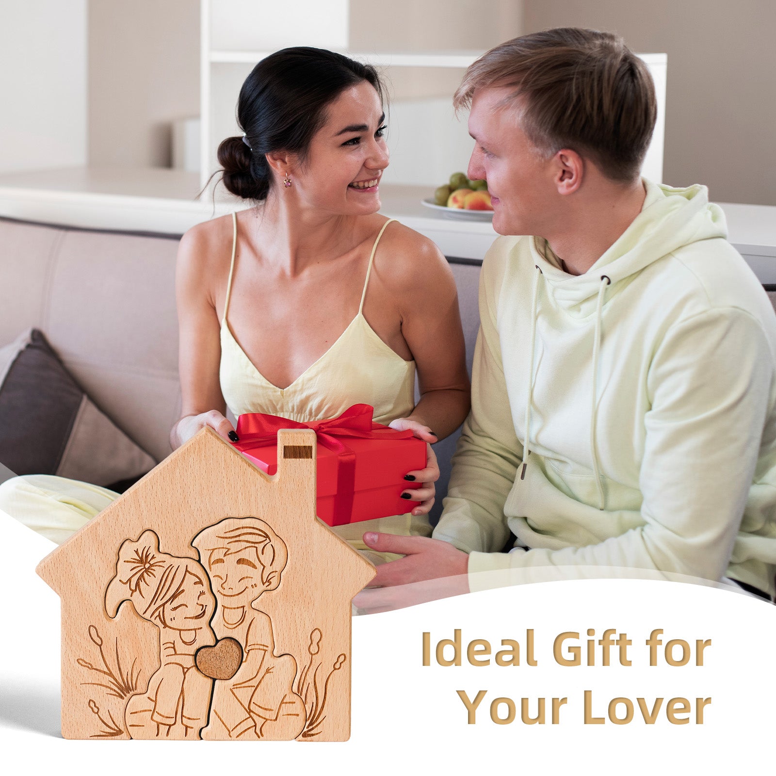 "Home is Where the Heart Is" Wooden Couple Statue - Romantic Home Decor & Gift