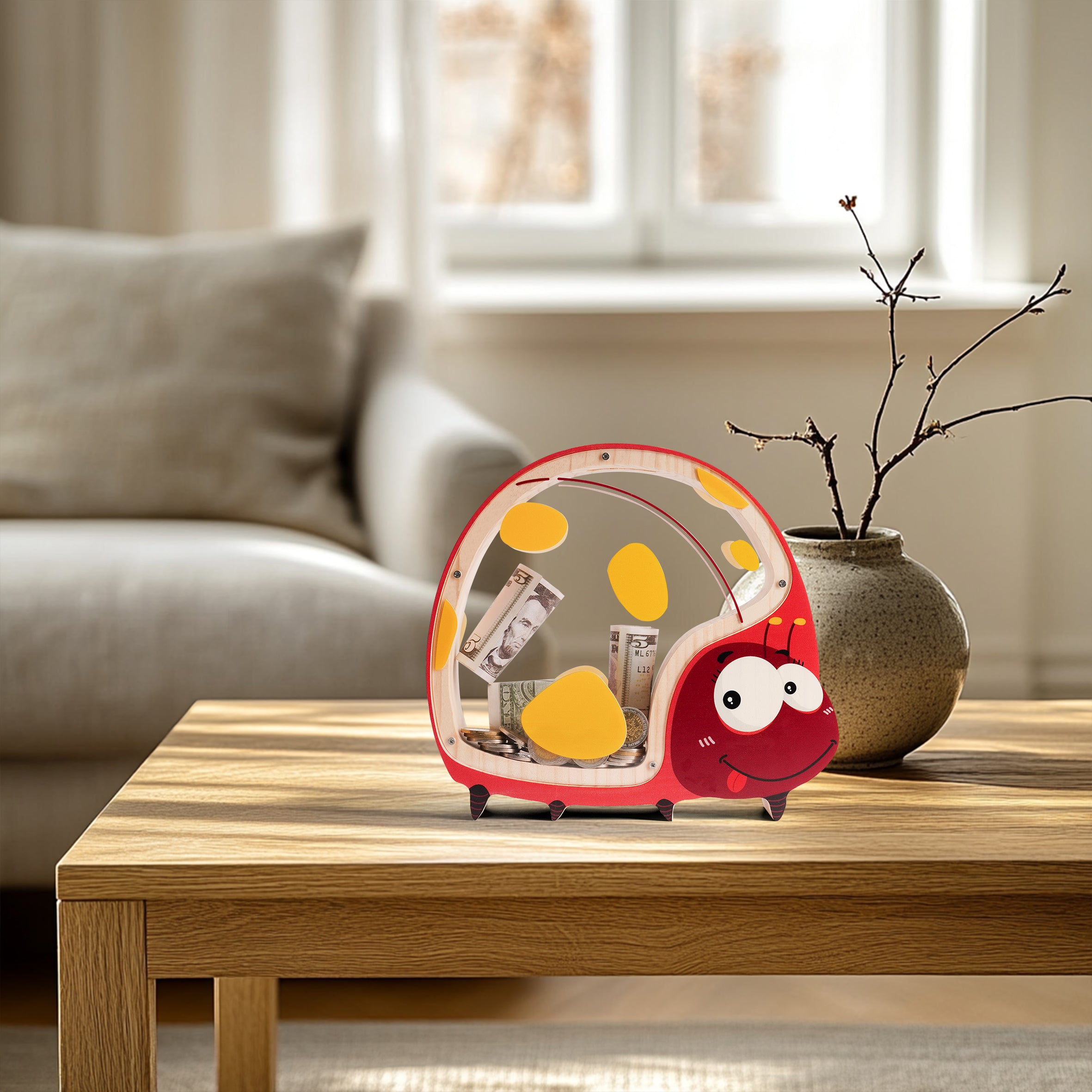 Wooden Ladybug Piggy Bank - Adorable & Educational Money Box for Kids