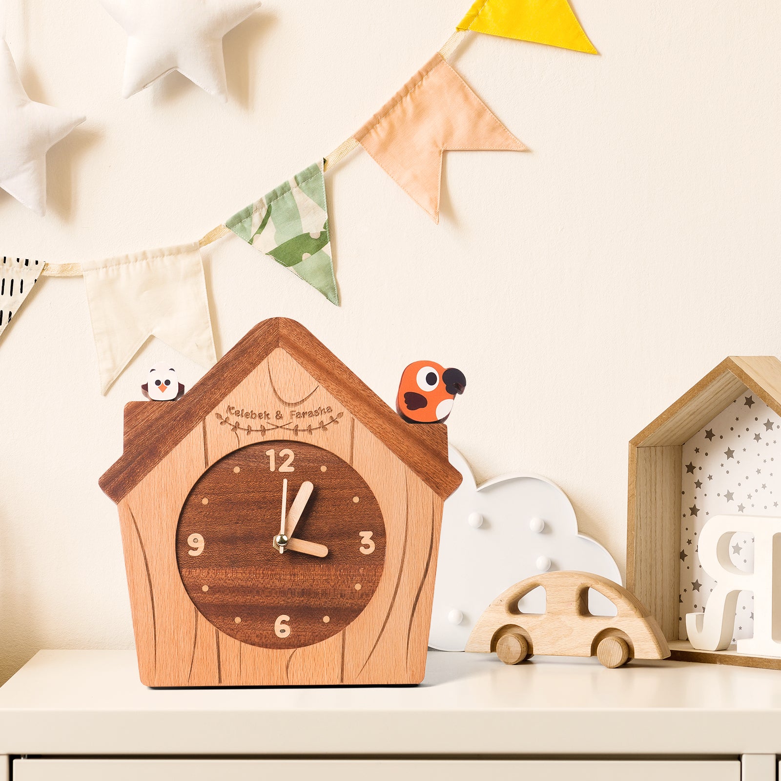 Wooden House Clock with Cute Bird Accents – Charming Kids Room Decor