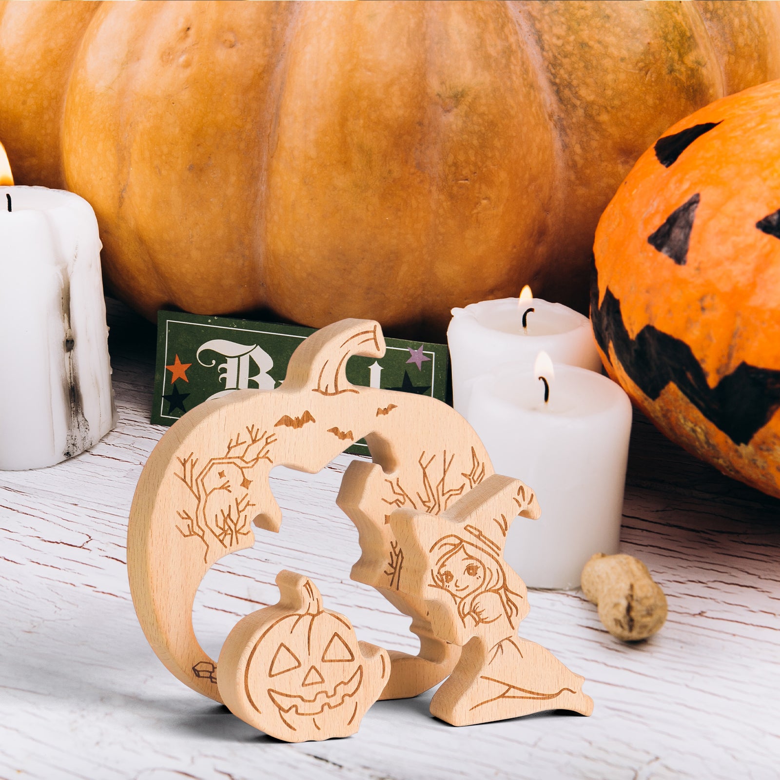 Wooden Halloween Pumpkin Puzzle – Witch & Jack-O'-Lantern Decorative Ornament for Kids & Adults, Fall Home Décor, Unique Gift Idea