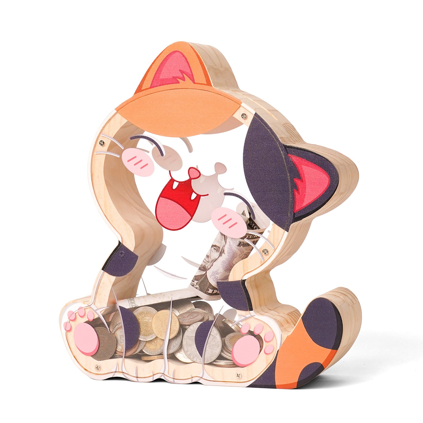 Wooden Cat Piggy Bank for Kids, Cute Money Box with Acrylic Panels, Unbreakable Toddler Saving Coin Jar for Boys Girls, Kids Coin Bank with Letter Sticker for Birthday, Christmas, Home Décor