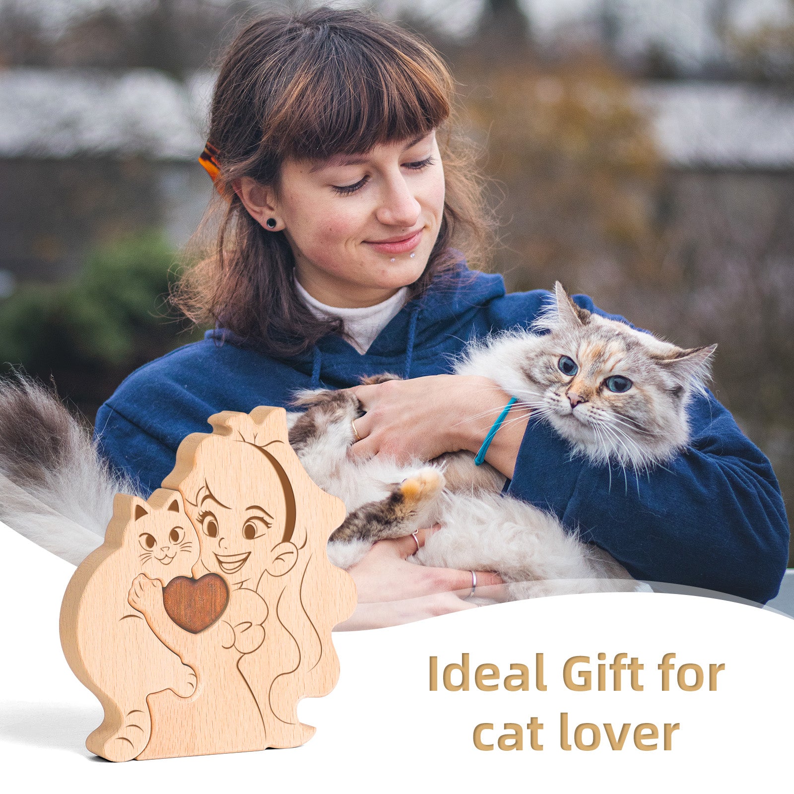 Wooden puzzle of boys/girls and cats, home craft decoration, warm gift