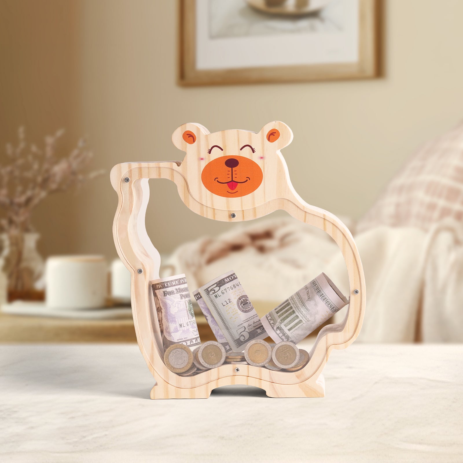 Wooden Bear Coin Bank - Adorable Animal-Shaped Money Box with Transparent Panel