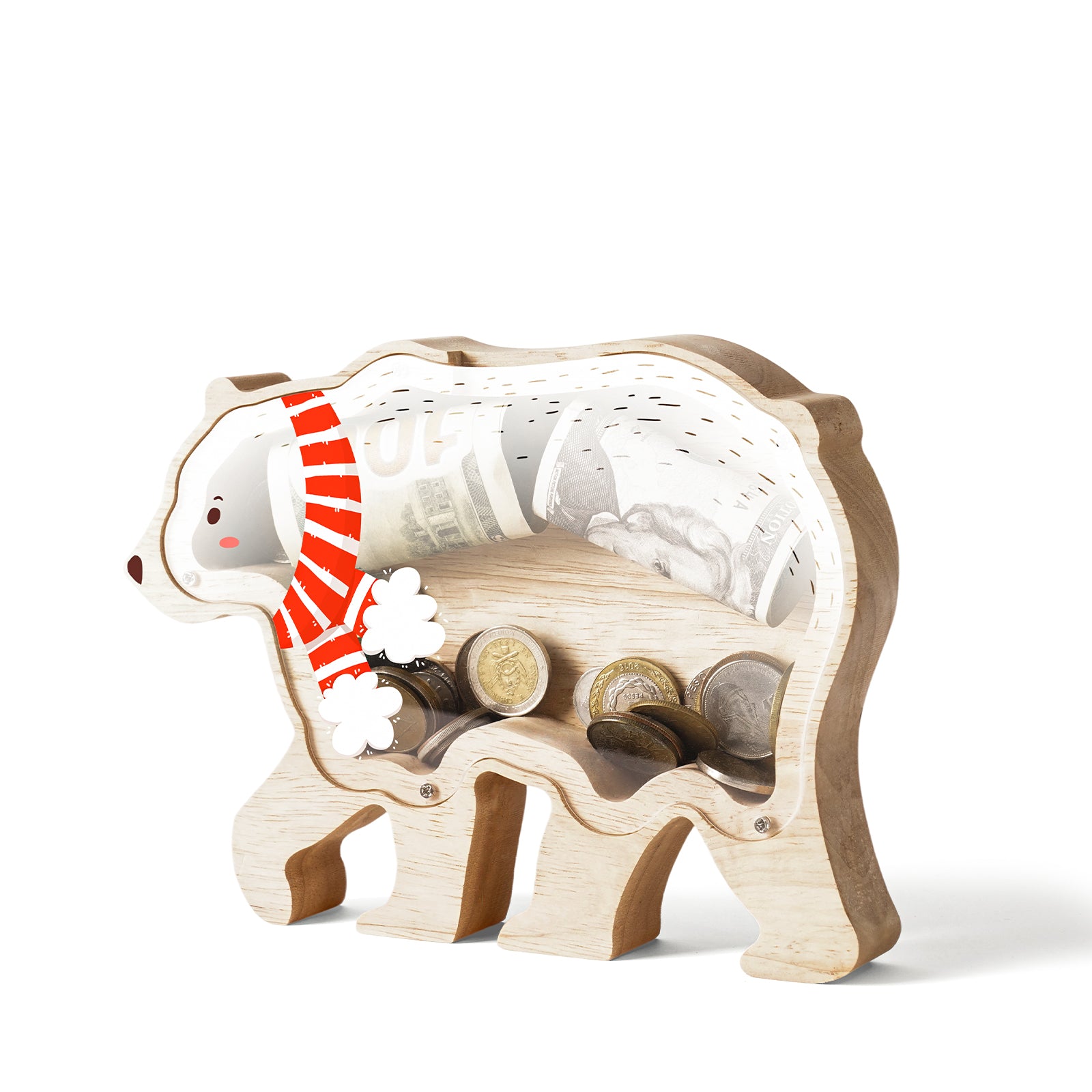 Wooden Christmas Bear Piggy Bank for Kids, Adorable Bear Piggy Bank with Acrylic Panels, Unbreakable Toddler Money Box for Boys Girls, Cute Christmas Saving Coin Jar for Birthday, Decor