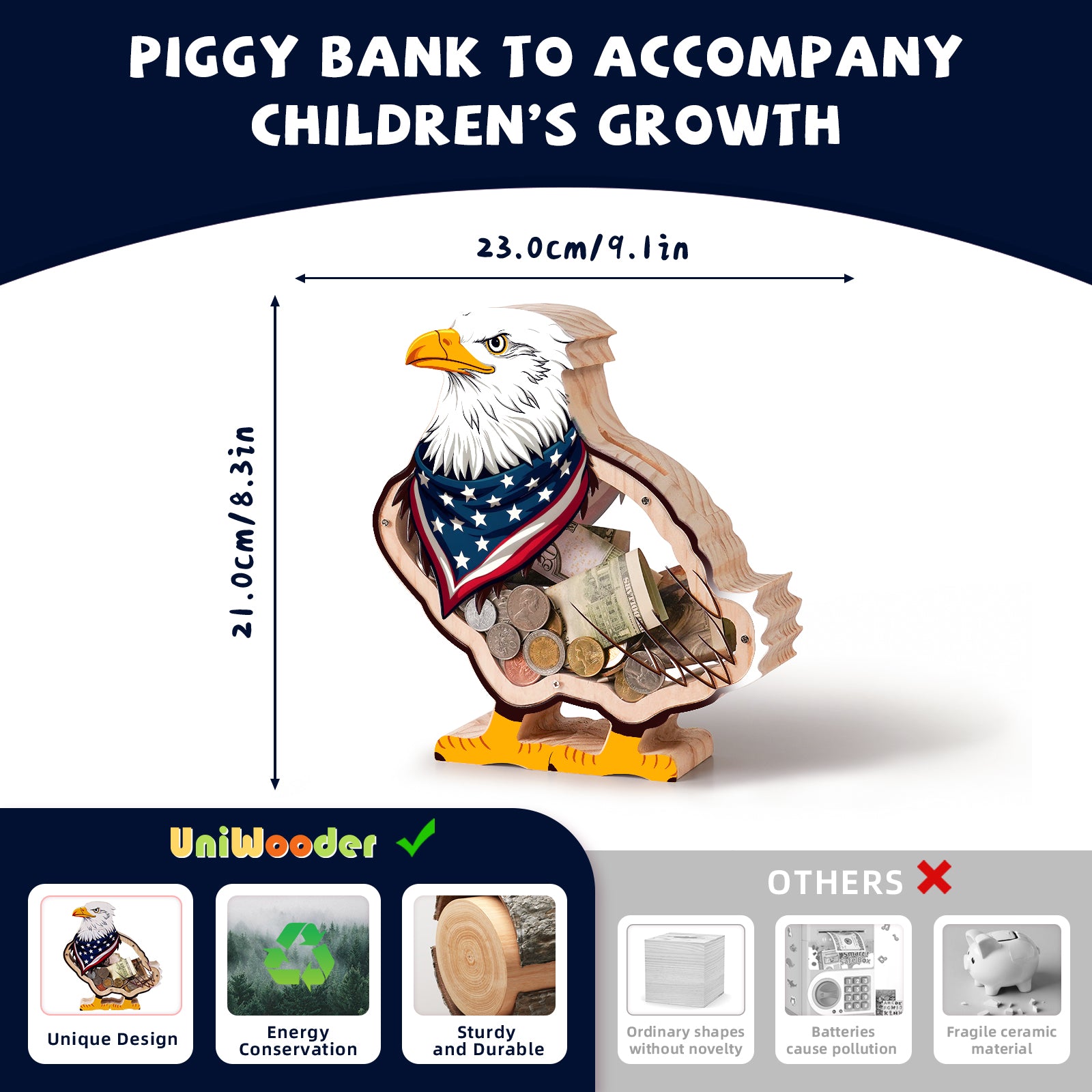 American Eagle Wooden Coin Bank – Patriotic Gift for Kids, Grandchildren, and Families