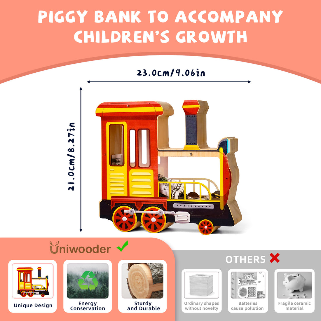 Wooden Locomotive Piggy Bank for Kids, Train Money Box with Acrylic Panels