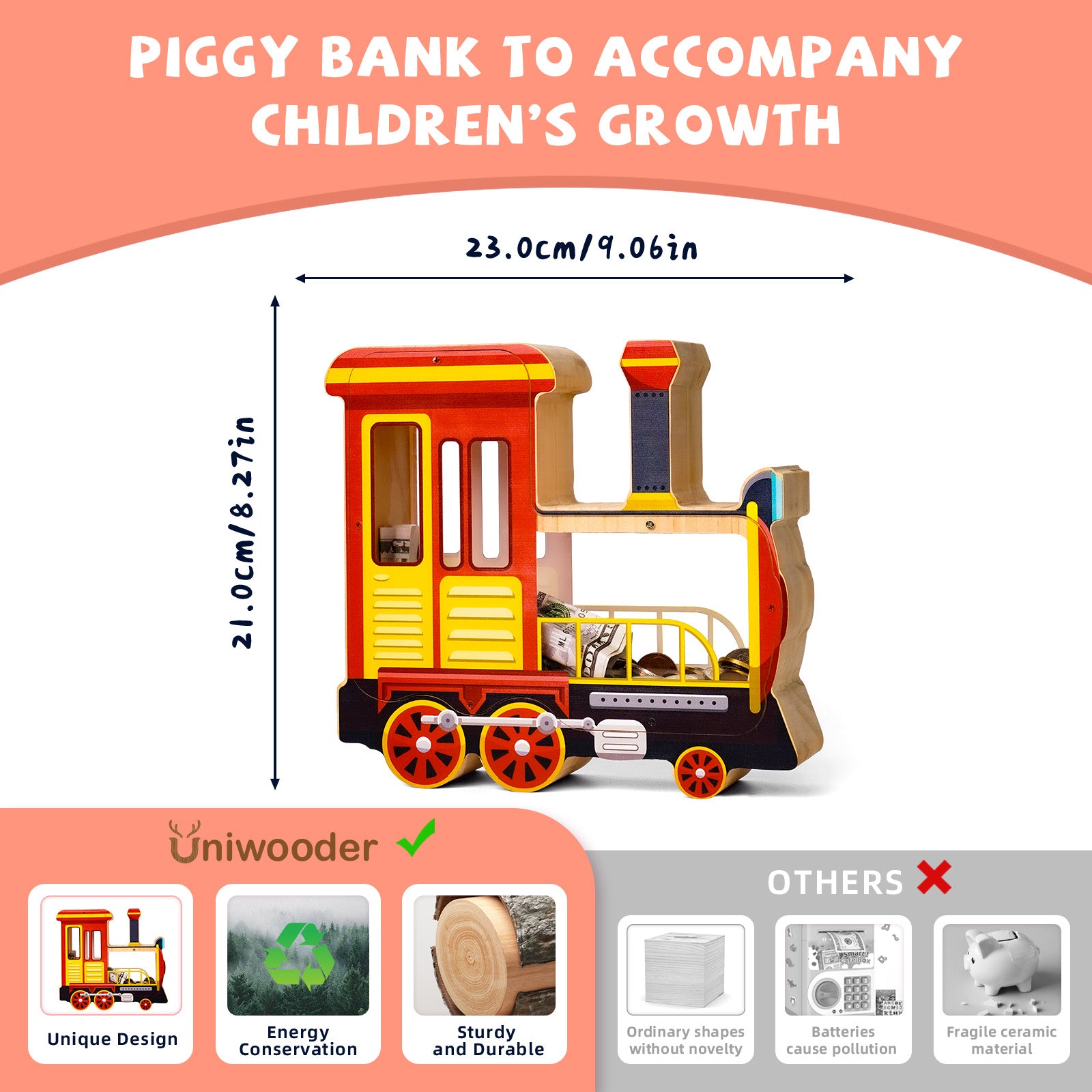 Wooden Locomotive Piggy Bank for Kids, Train Money Box with Acrylic Panels