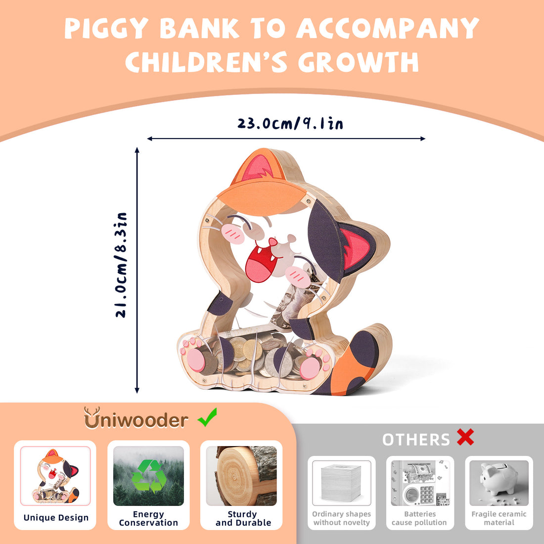 Wooden Cat Piggy Bank for Kids, Cute Money Box with Acrylic Panels, Unbreakable Toddler Saving Coin Jar for Boys Girls, Kids Coin Bank with Letter Sticker for Birthday, Christmas, Home Décor