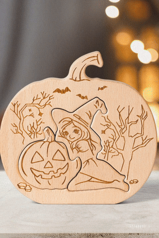 Wooden Halloween Pumpkin Puzzle – Witch & Jack-O'-Lantern Decorative Ornament for Kids & Adults, Fall Home Décor, Unique Gift Idea