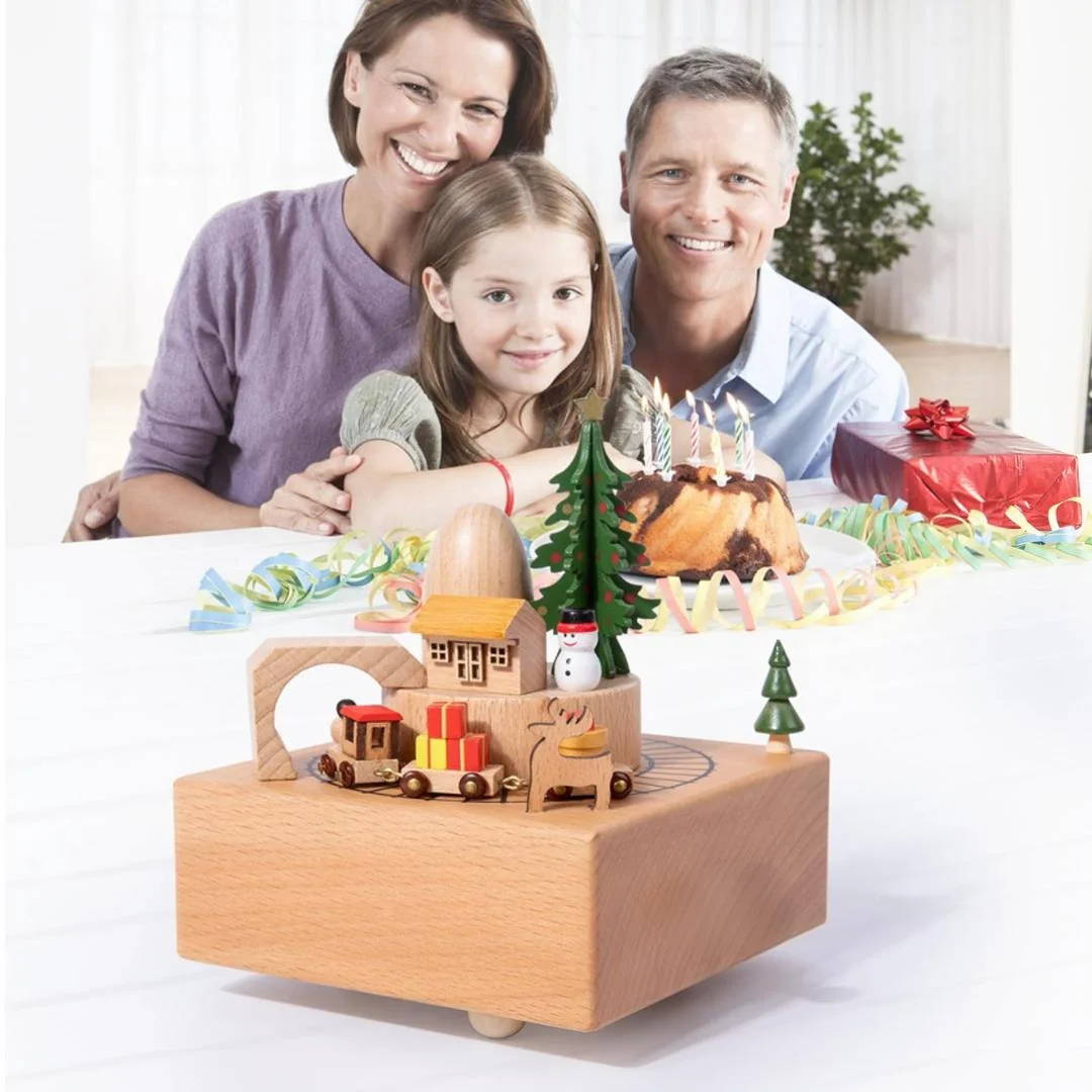 Wooden Christmas Music Box - Enchanting Rotating Train & Holiday Decor