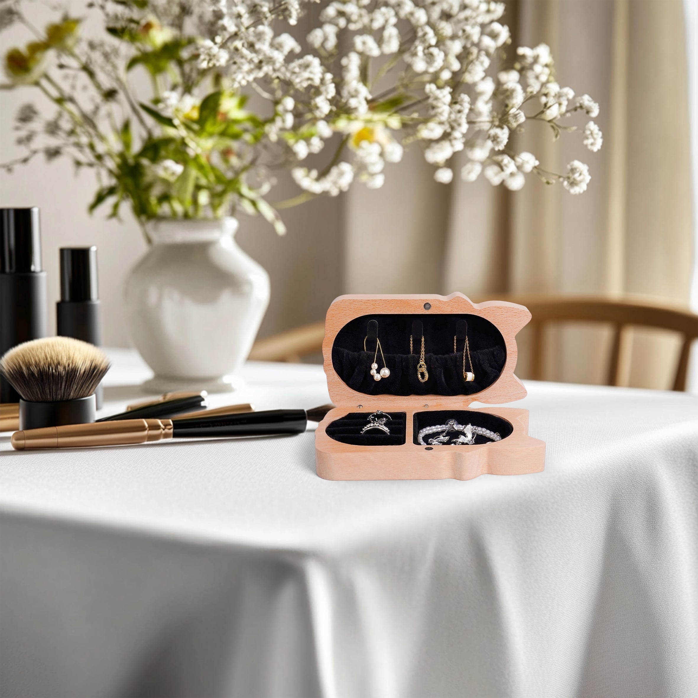 Whimsical Cat-Shaped Jewelry Box - Handcrafted Wooden Keepsake with Magnetic Closure