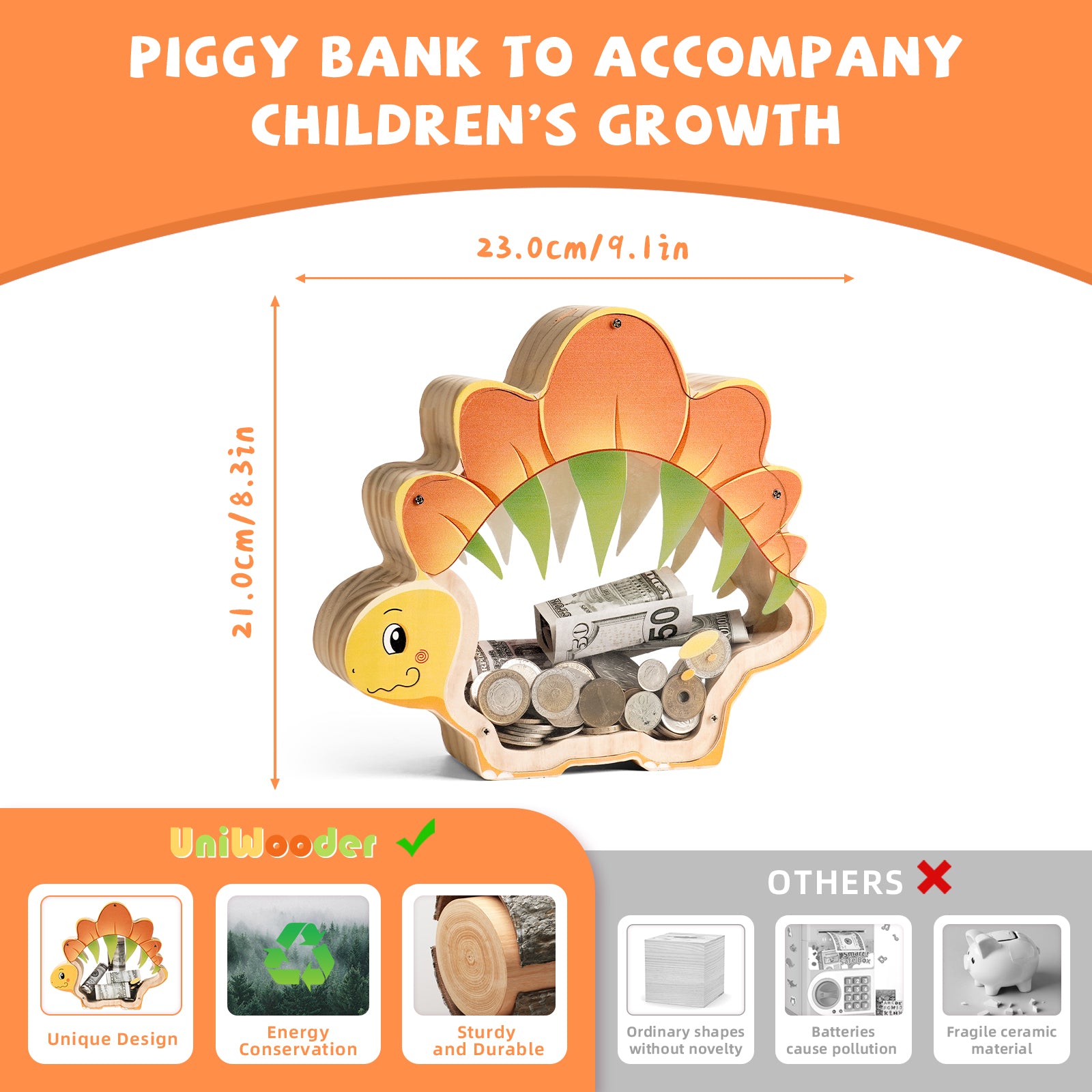 Wooden Stegosaurus Piggy Bank - Prehistoric Savings Fun with Personalization Stickers