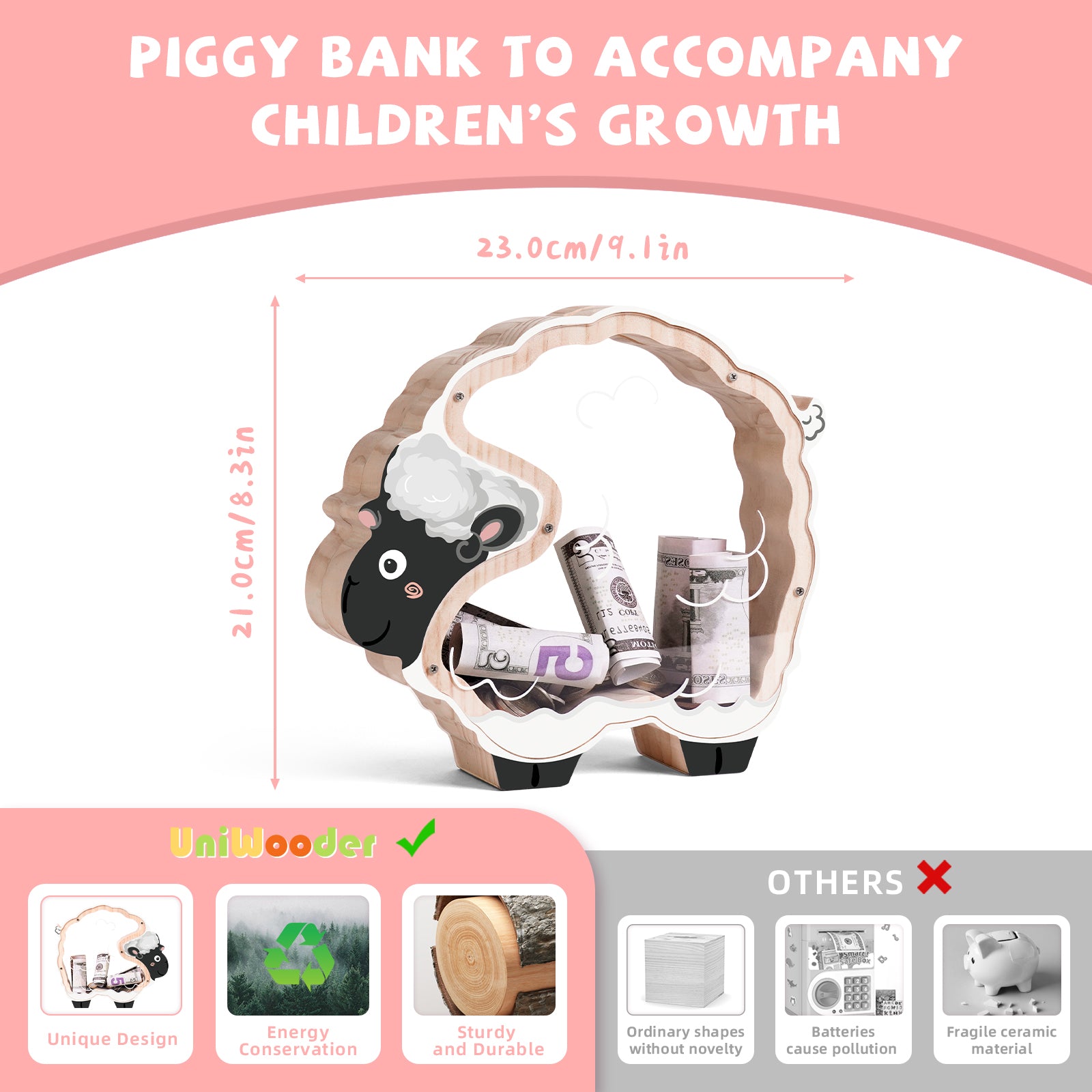Double-Sided Clear Sheep Wooden Coin Bank – Cute & Educational Gift for Kids and Families