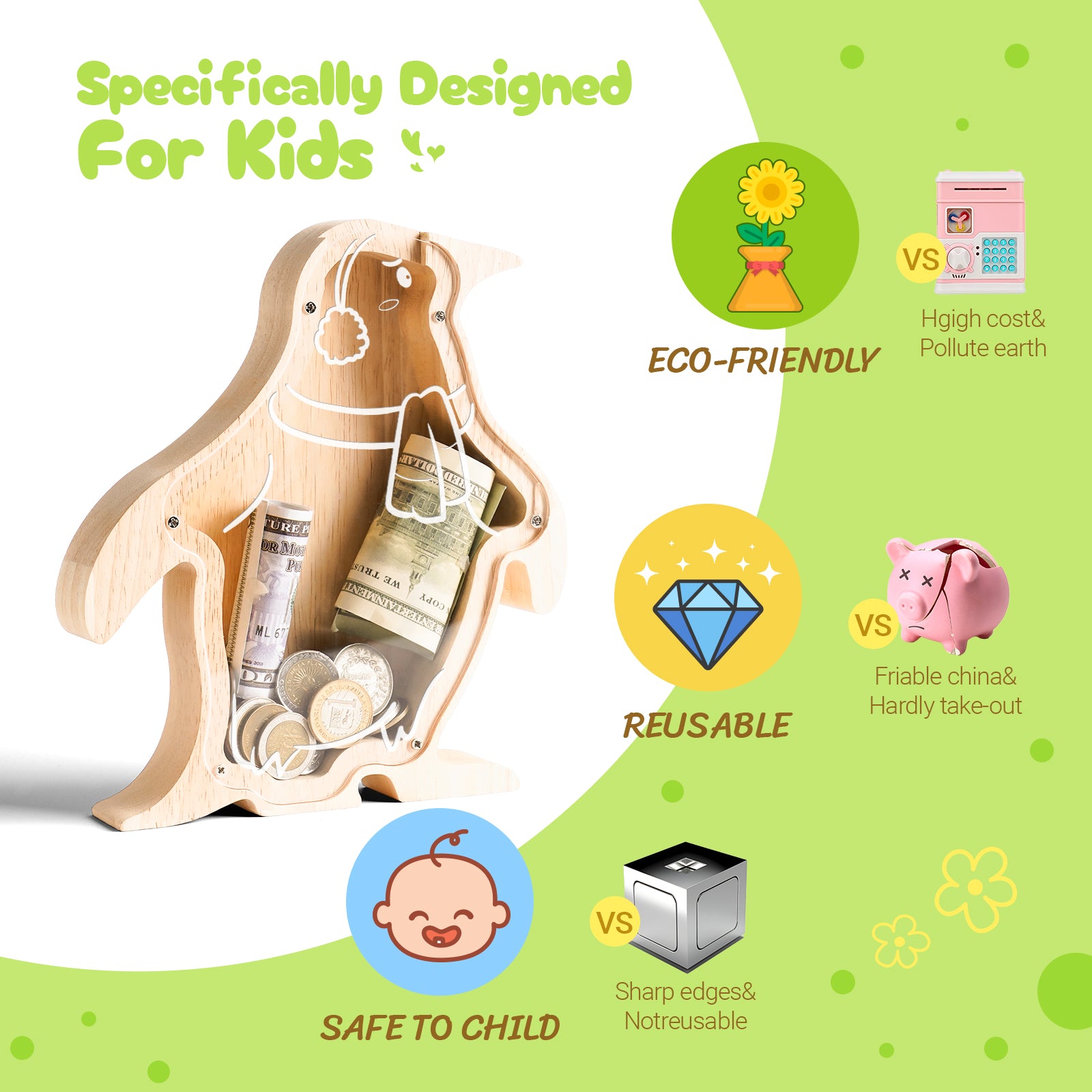 Wooden Penguin Piggy Bank: Animal Style, Indestructible, Great Gift