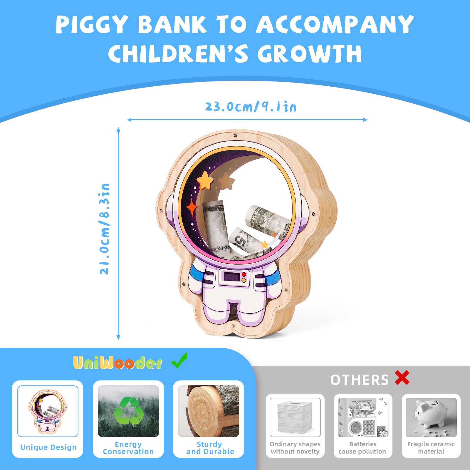 Wooden Astronaut Piggy Bank for Kids – Transparent Acrylic Money Box, Real Wood Space-Themed Coin Bank Gift