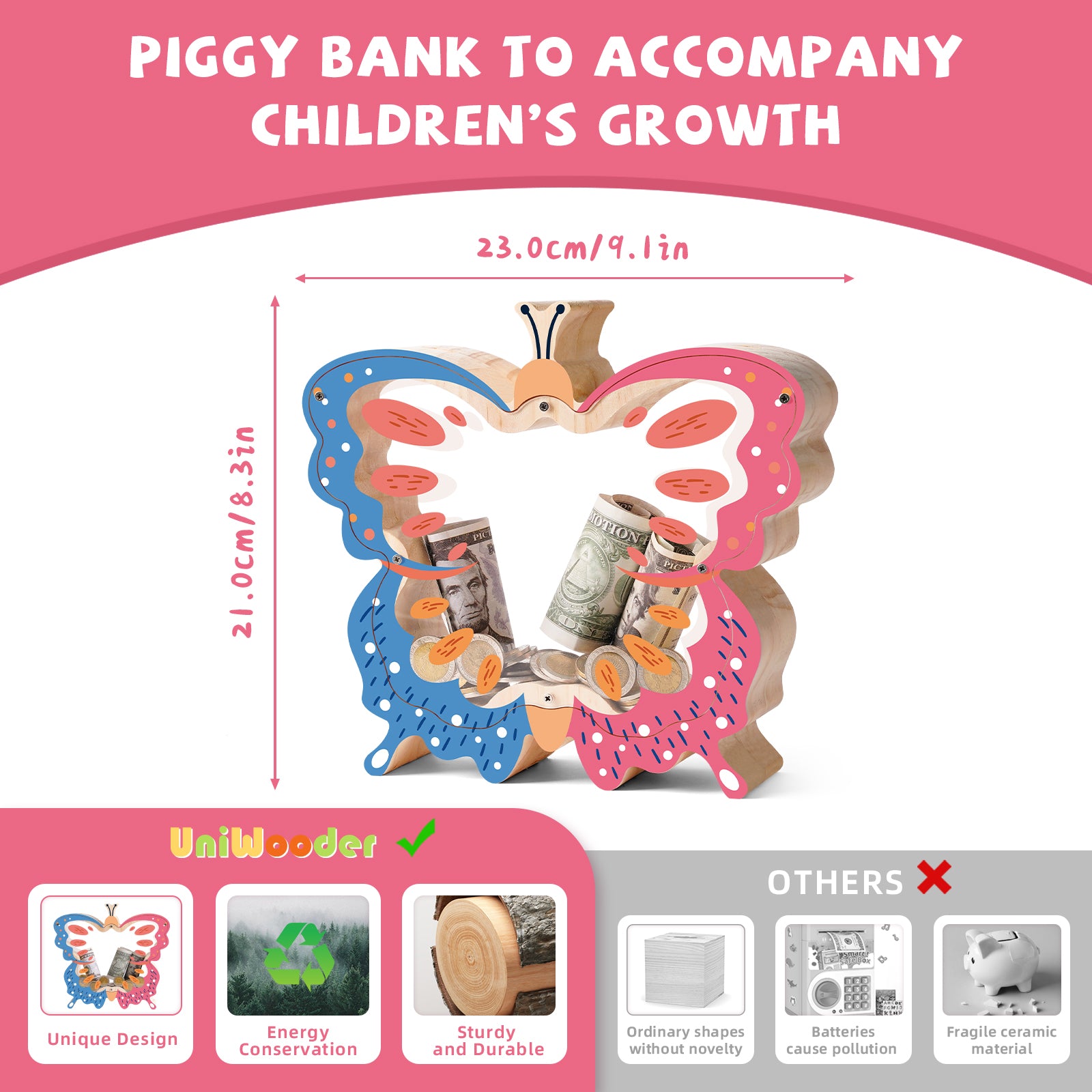 Butterfly Transparent Wooden Coin Bank – Double-Sided Acrylic Design, Whimsical Gift for Kids & Families