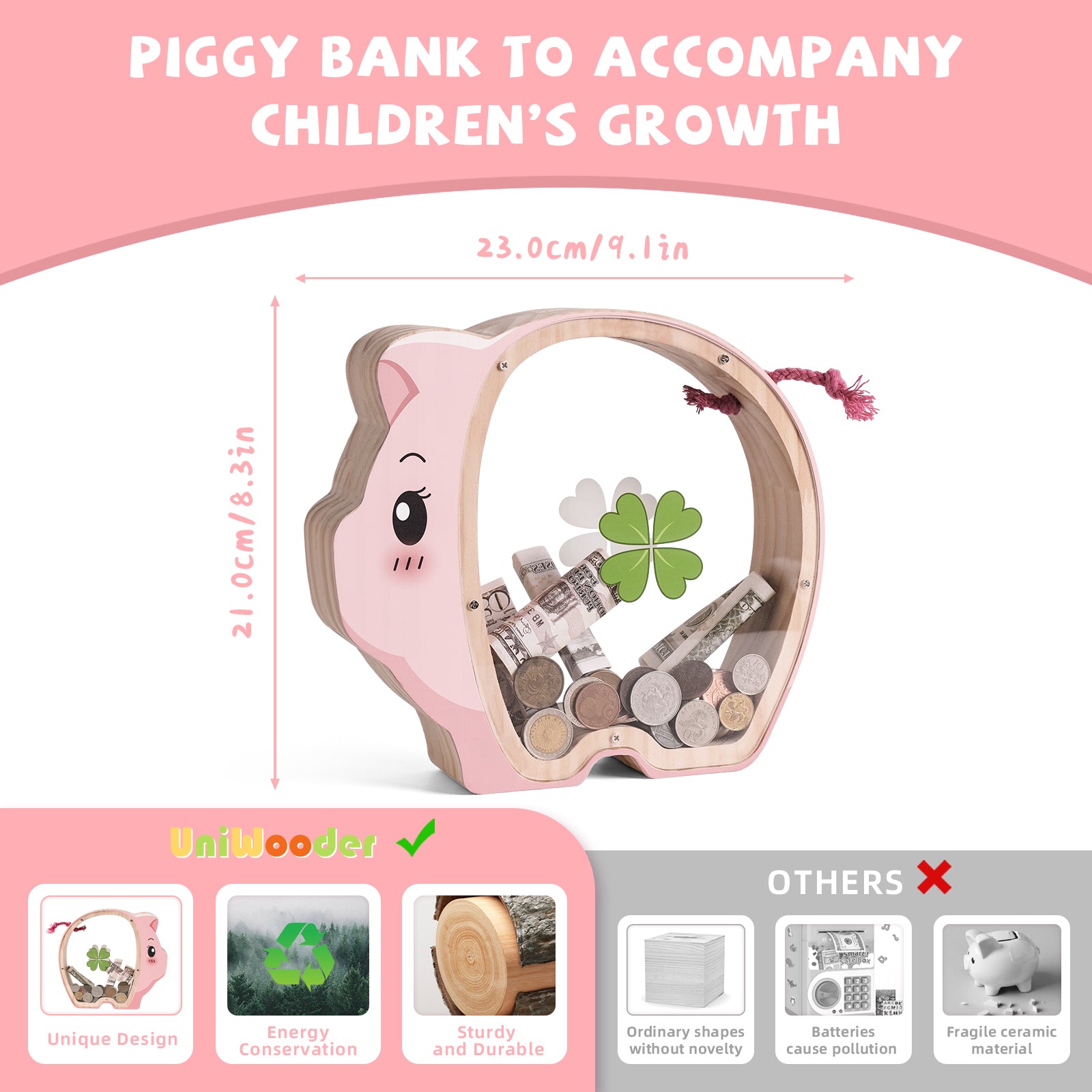 Wooden Piggy Bank - Classic Money Keeper with Modern Transparent Design