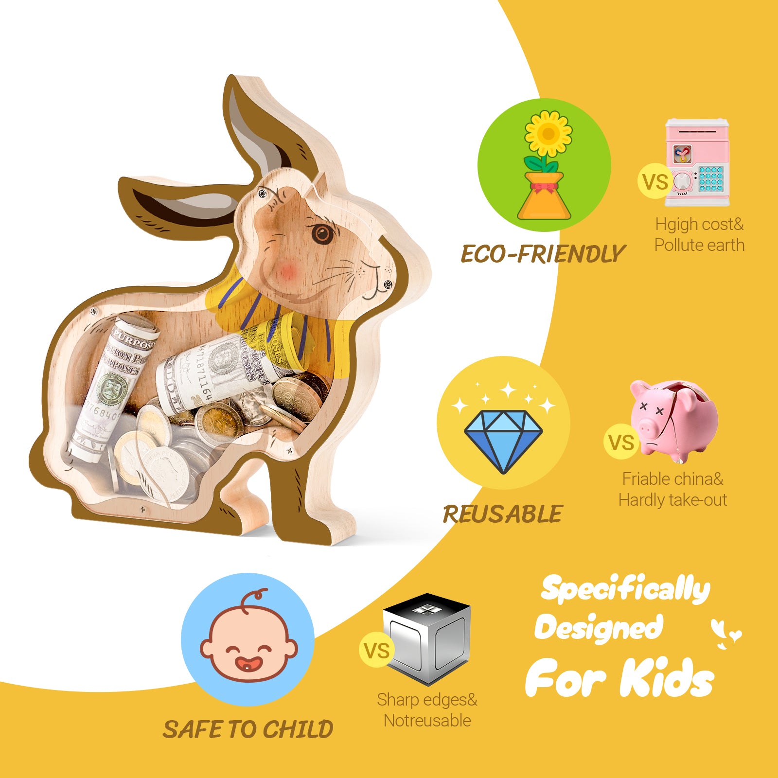 Adorable Wooden Rabbit Piggy Bank: Whimsical Savings for Kids & Bunny Lovers